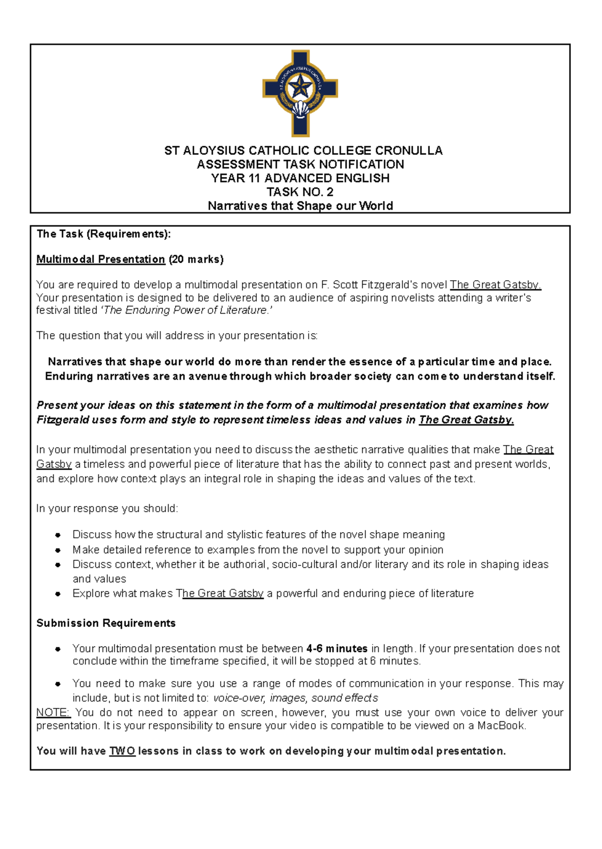 11 Advanced Task 2 Assessment Notification - ST ALOYSIUS CATHOLIC ...