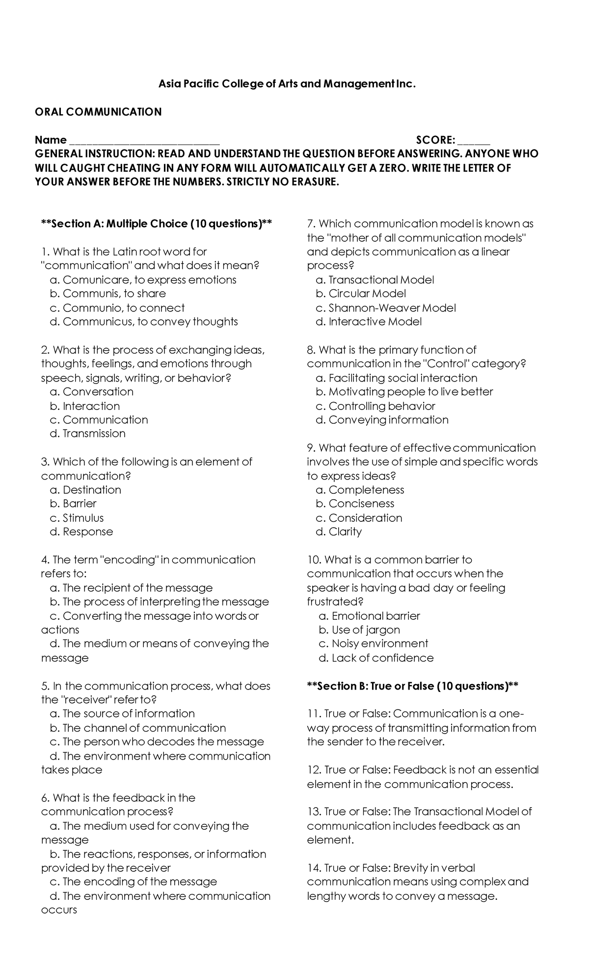 Oral Comms Lq - Quiz - Asia Pacific College Of Arts And Management Inc 