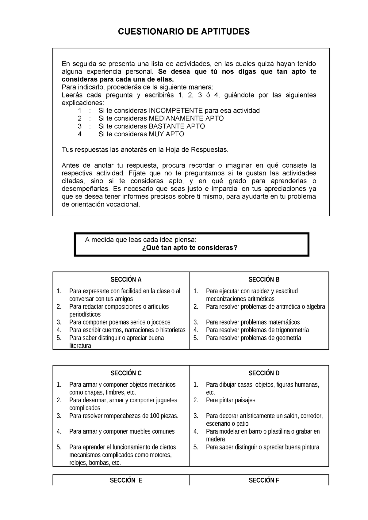 Cuestionario DE Aptitudes - CUESTIONARIO DE APTITUDES En Seguida Se ...