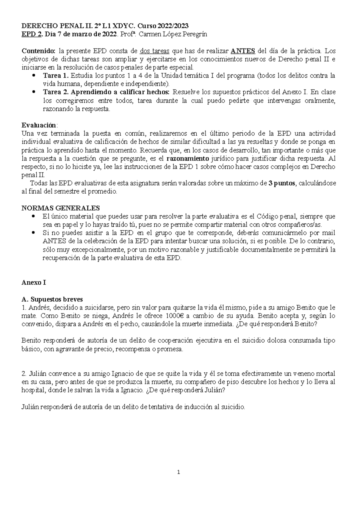 EPD 2-Aula virtual - DERECHO PENAL II. 2º L1 XDYC. Curso 2022/ EPD 2 ...