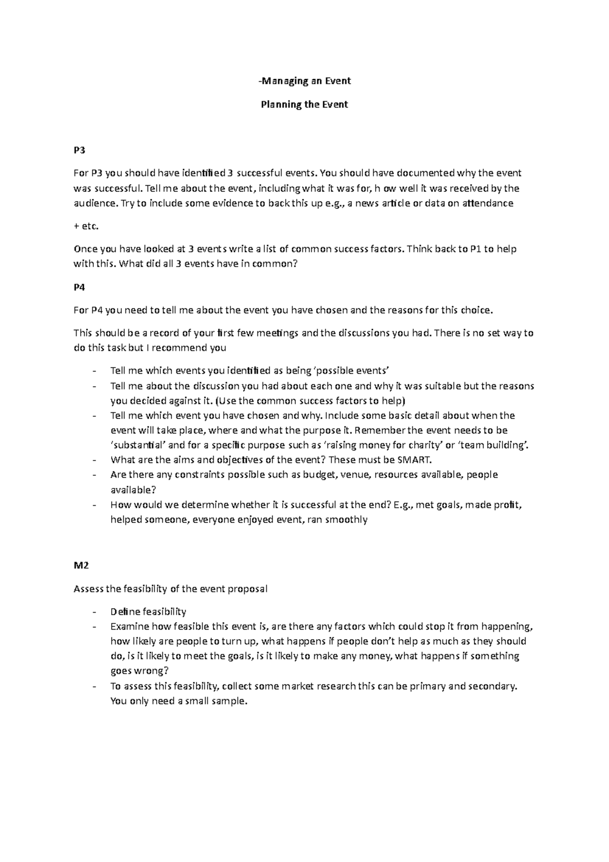 Assignment 2 Checklist -Managing an Event Planning the Event P For P3 ...