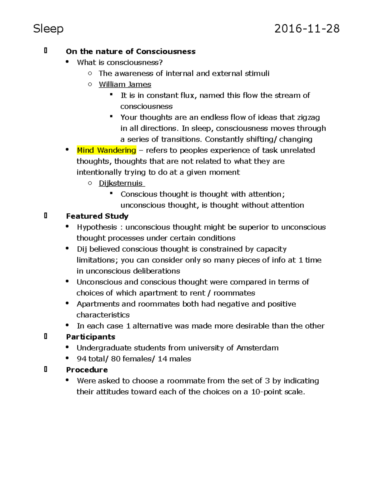 Chap 5-9psych - Lecture notes 9 - Sleep On the nature of Consciousness ...