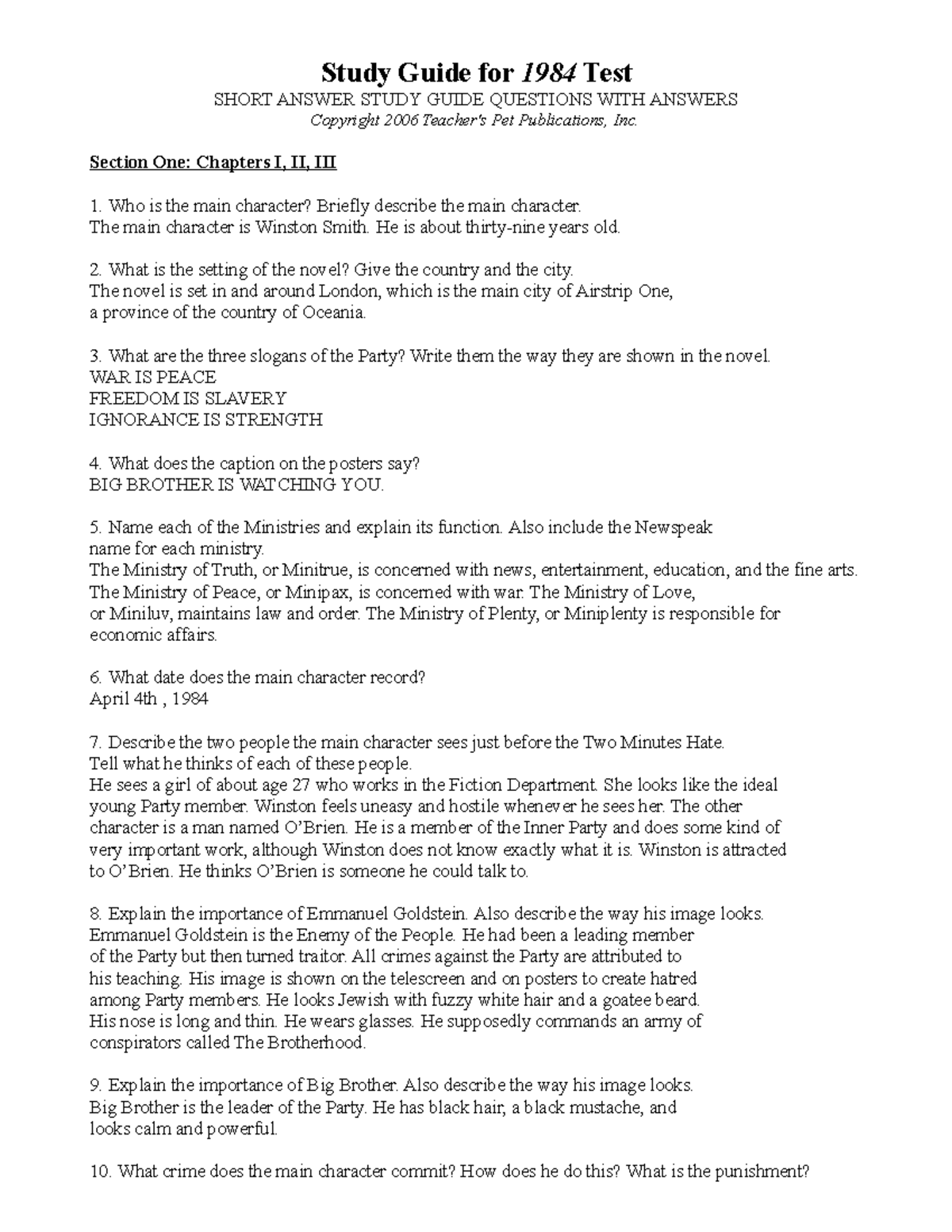 1984Study Guide - assignment - Study Guide for 1984 Test SHORT ANSWER ...