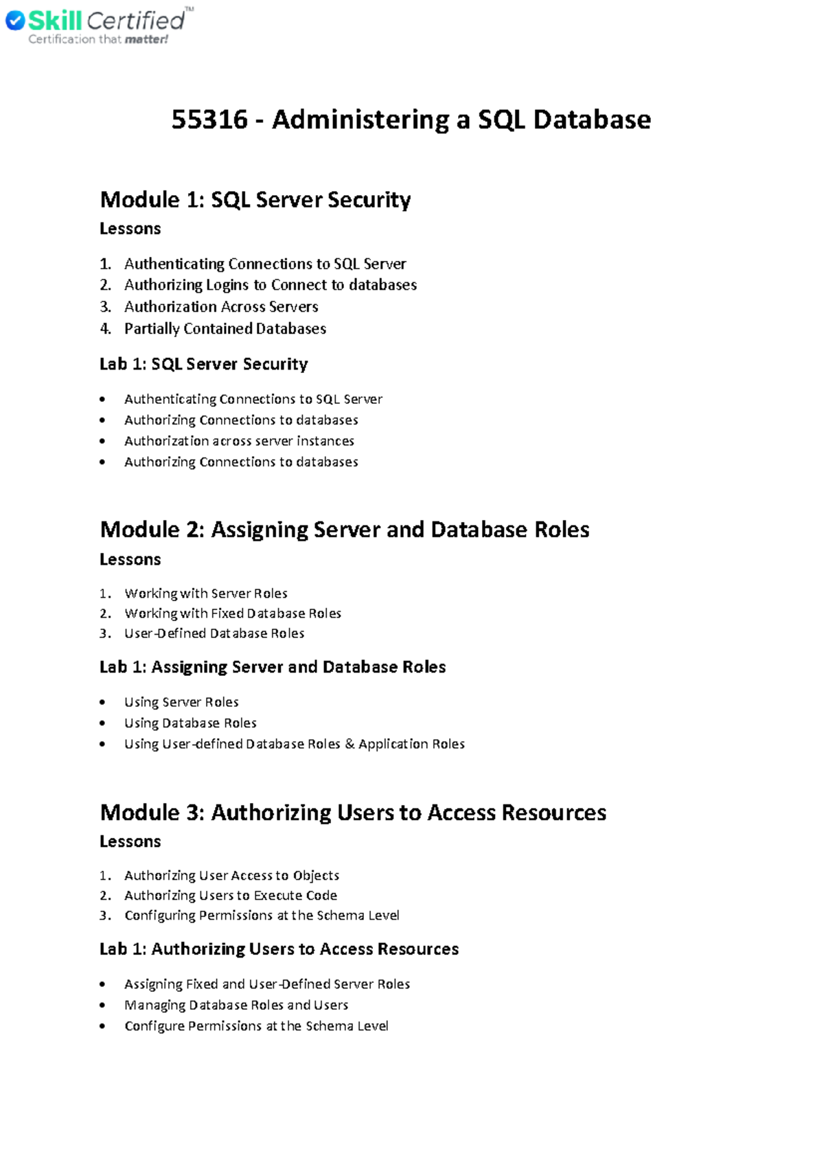 Administering a SQL Database Infrastructure (M20764) - 55316 ...