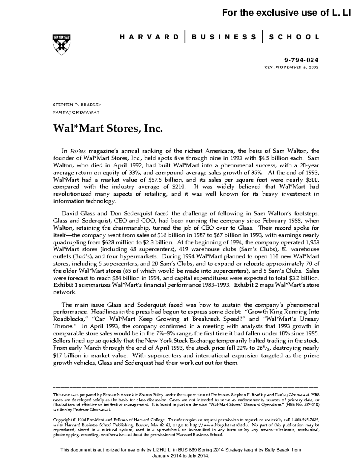 Walmart Stores, Inc - 9-794- REV: NOVEMBER 6, 2002 This case was ...