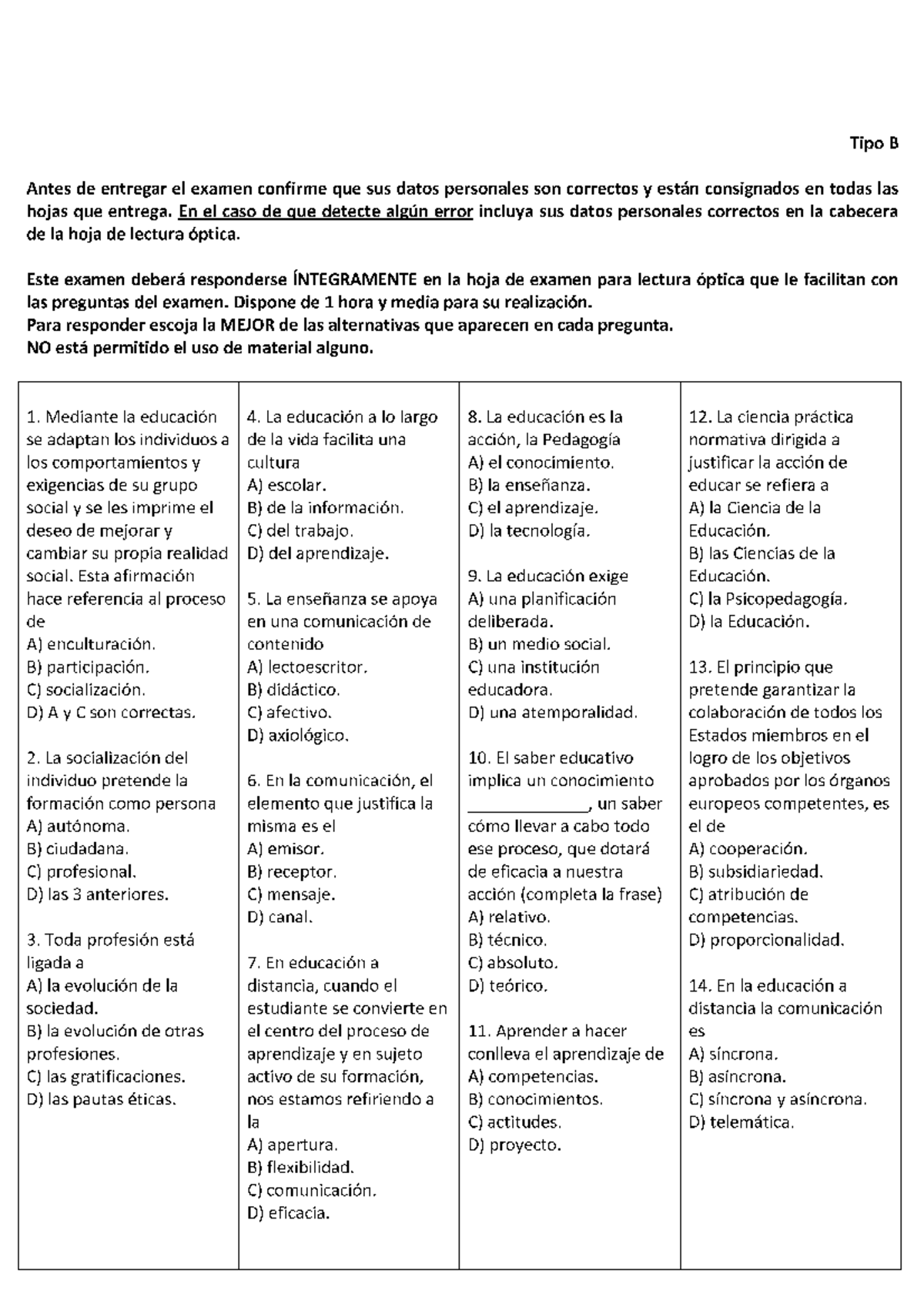 Examen 2016, Preguntas - Tipo B Antes De Entregar E| Examen Confirme ...