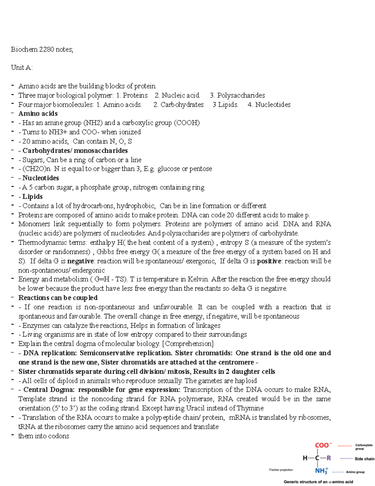 Biochem pft 4 first topic - Biochem 2280 notes; Unit A: - Amino acids ...