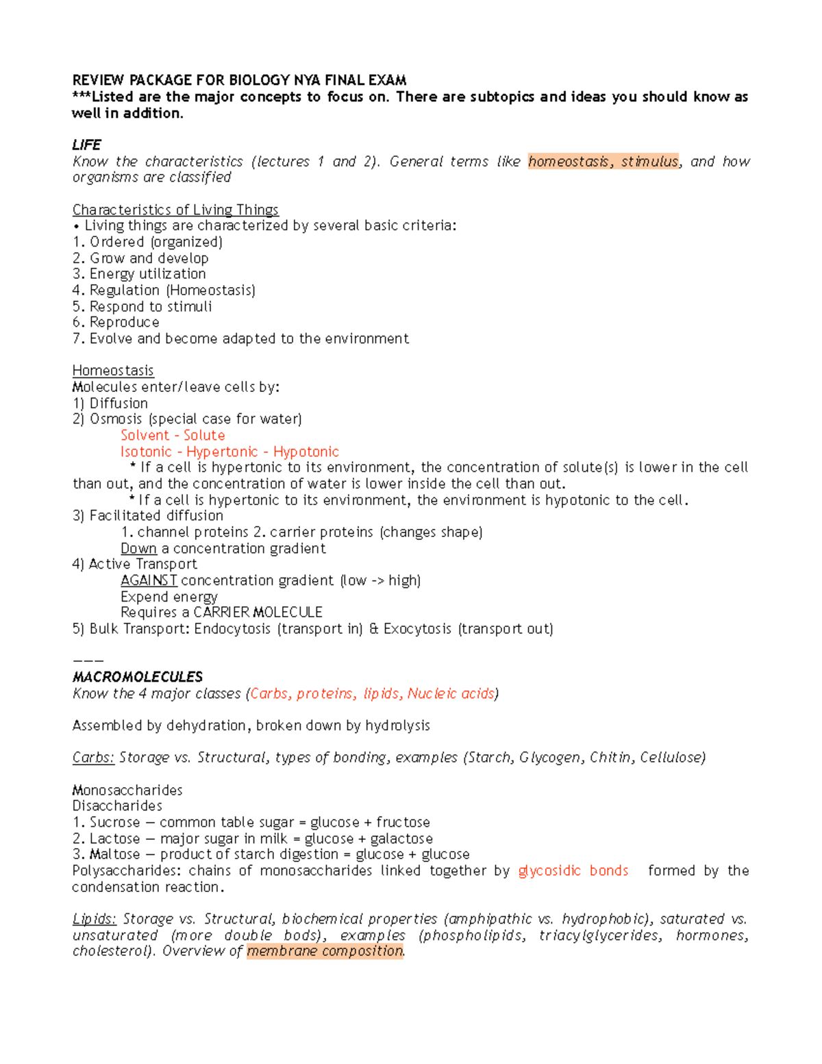 Review Package FOR Final - REVIEW PACKAGE FOR BIOLOGY NYA FINAL EXAM ...