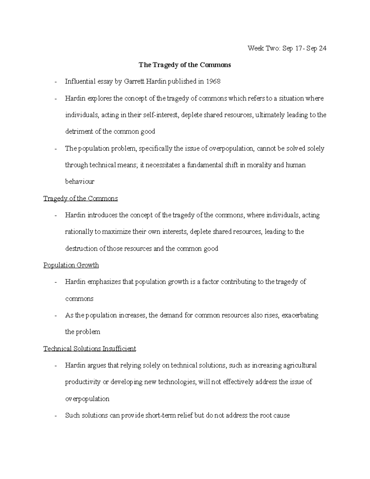 Tragedy of Commons Notes - Week Two: Sep 17- Sep 24 The Tragedy of the ...