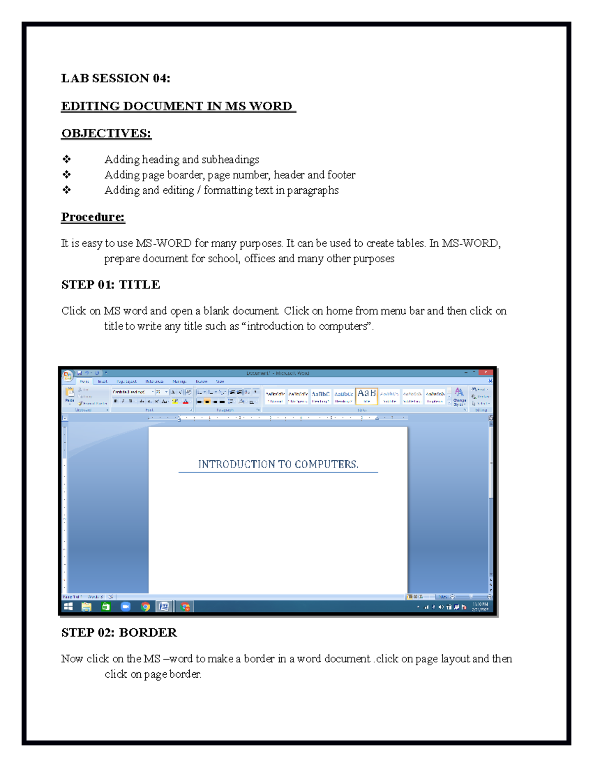 LAB Manual 4 - LAB SESSION 04: EDITING DOCUMENT IN MS WORD OBJECTIVES ...