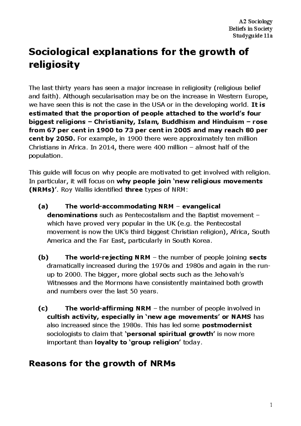 11 - Cults and sects - Beliefs in Society Studyguide 11a Sociological ...