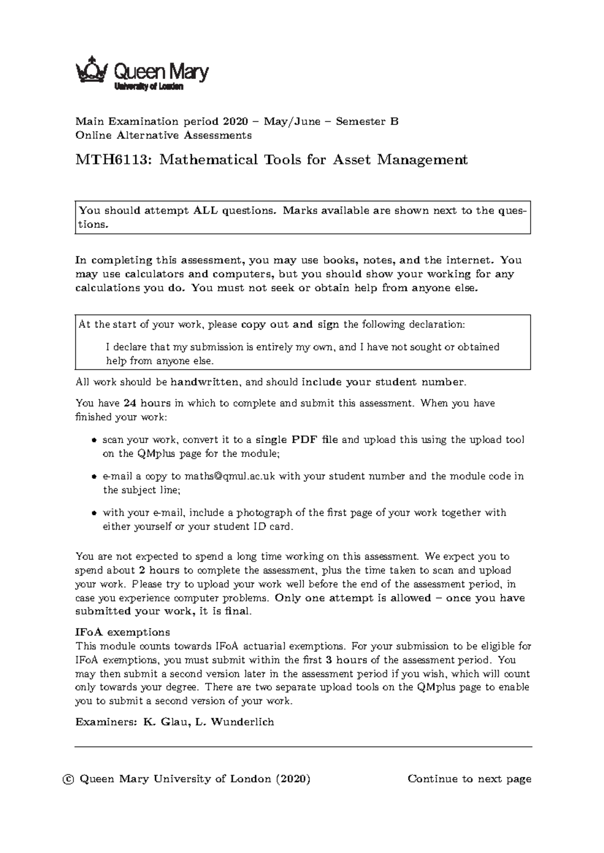 Asset management exam2020 - Main Examination period 2020 – May/June ...