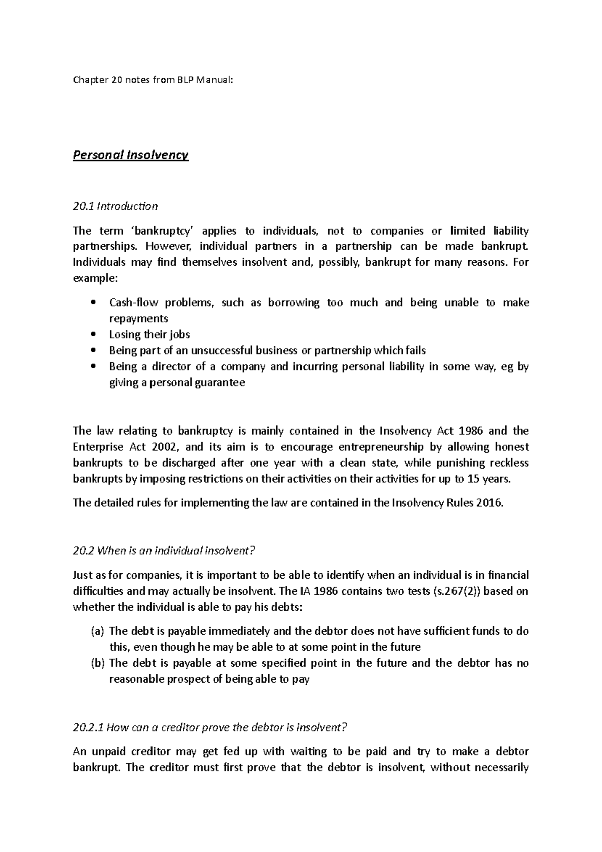 Notes from Chapter 20 of BLP manual on insolvency - Chapter 20 notes ...