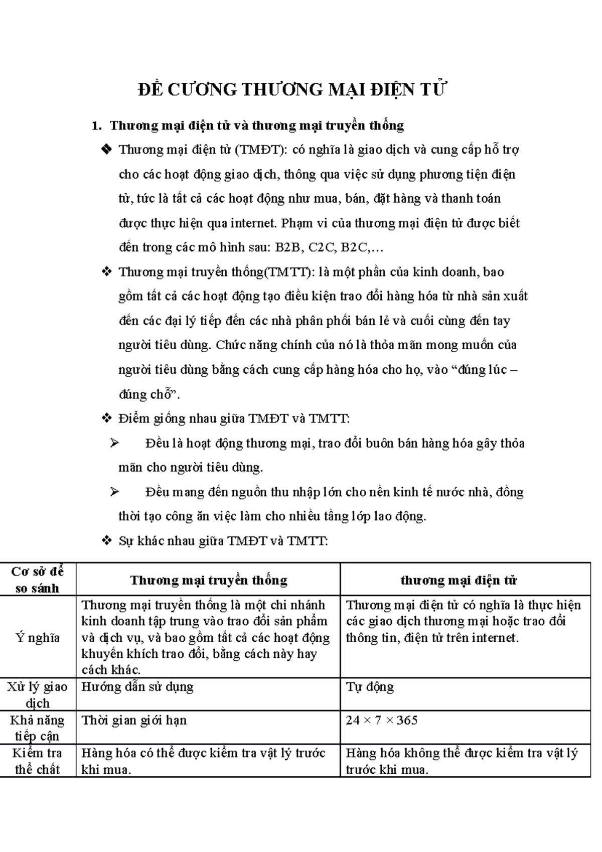 ĐỀ CƯƠNG THƯƠNG MẠI ĐIỆN TỬ - Thương mại điện tử và thương mại truyền thống Thương mại điện tử - Studocu