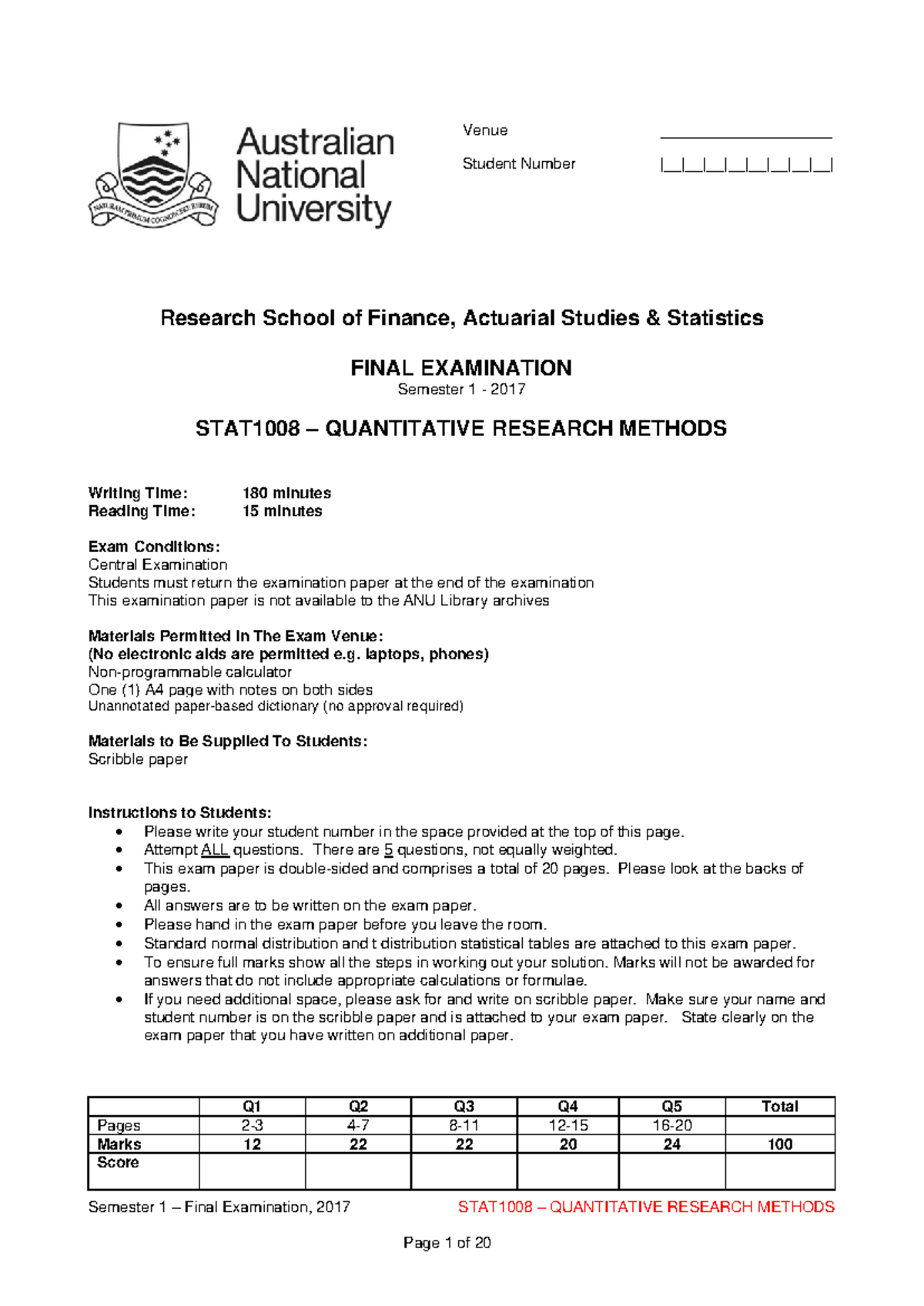STAT1008 Final 2017S1 - Semester 1 – Final Examination, 2017 STAT1008 ...