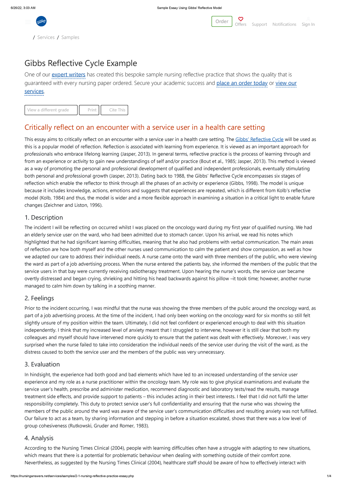 reflective nursing essay using gibbs model