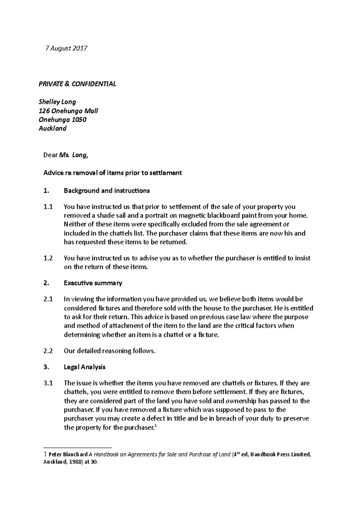 Example 1 - 7 August 2017 PRIVATE & CONFIDENTIAL Shelley Long 126 ...