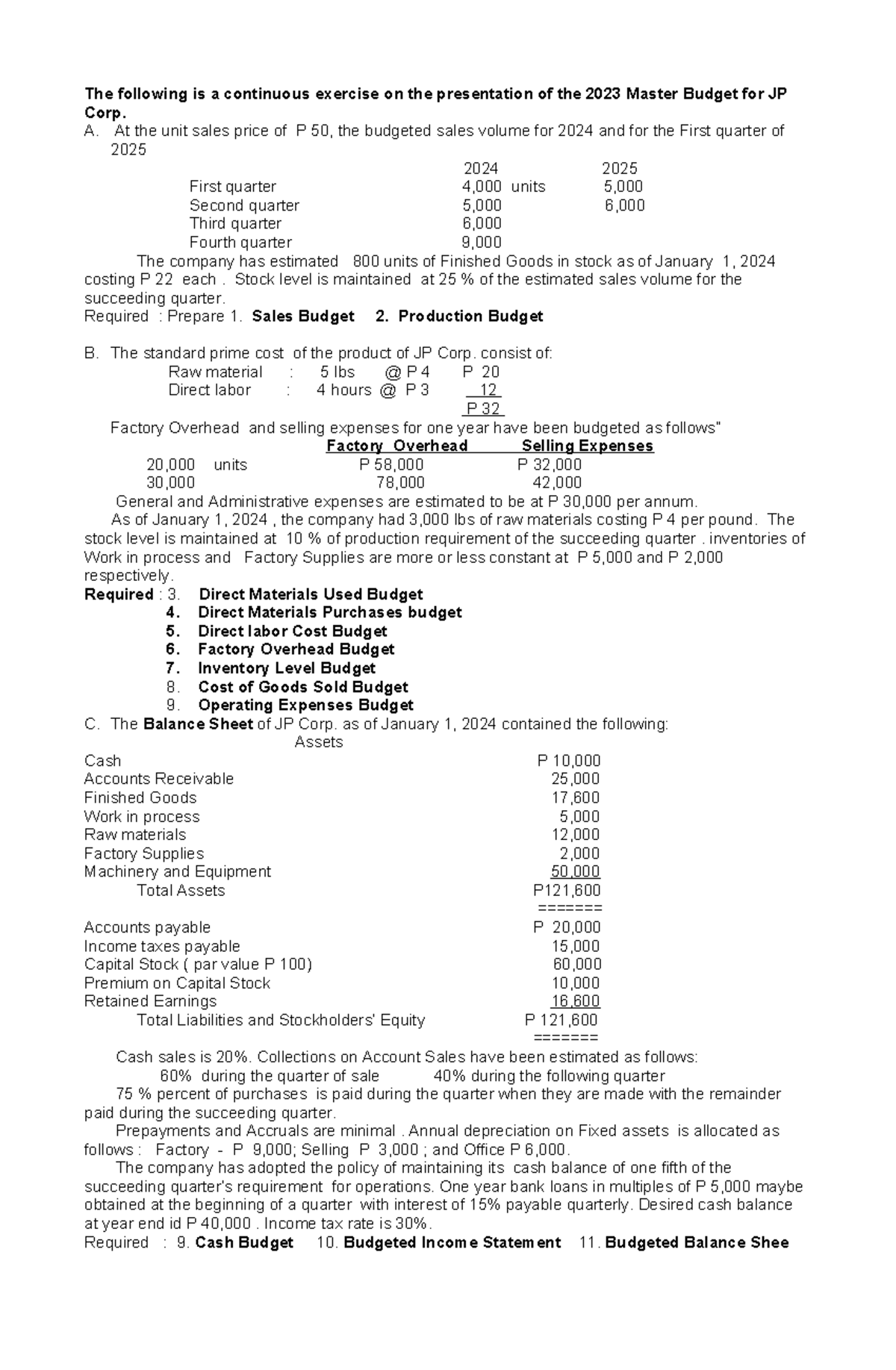 Budgeting Problem - master budget preparation JP Corp BBE - The ...
