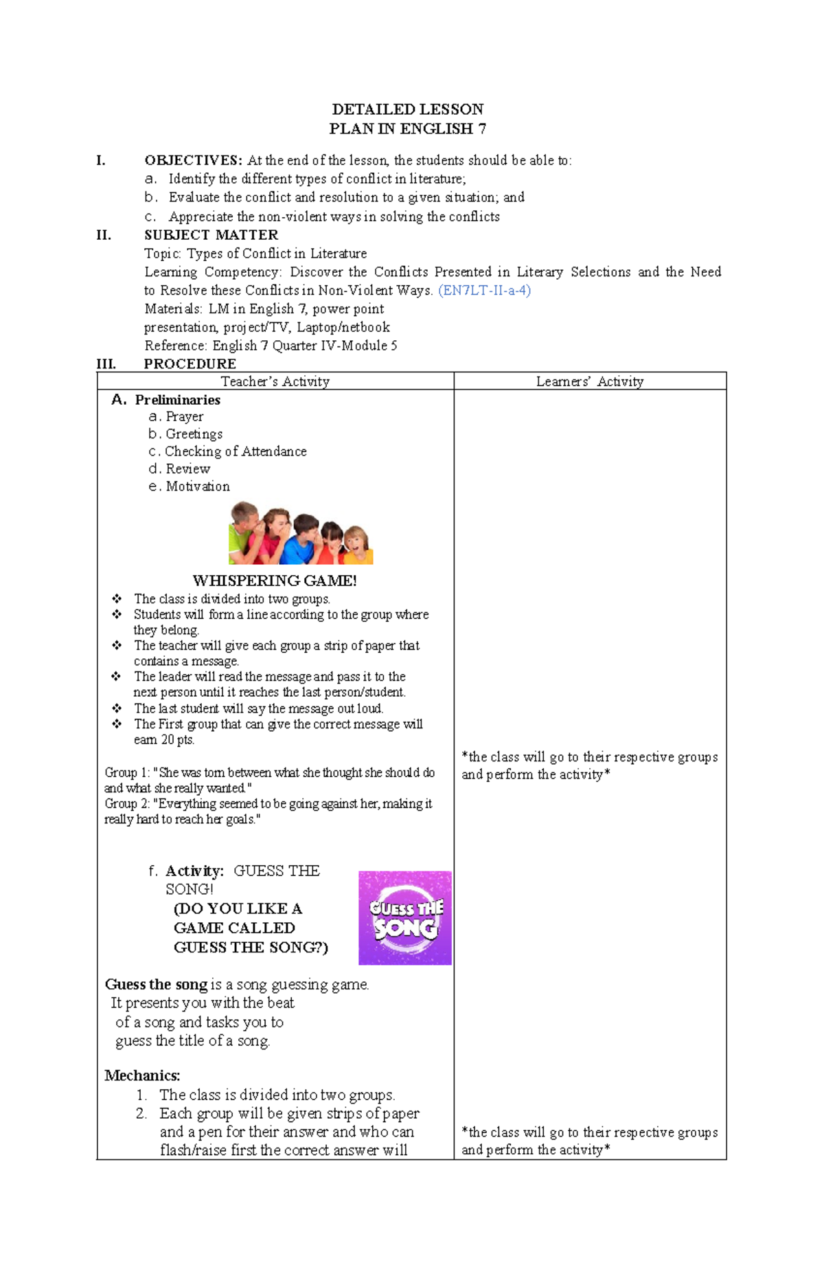 DEMO Lesson PLAN English 7 DETAILED LESSON PLAN IN ENGLISH 7 I