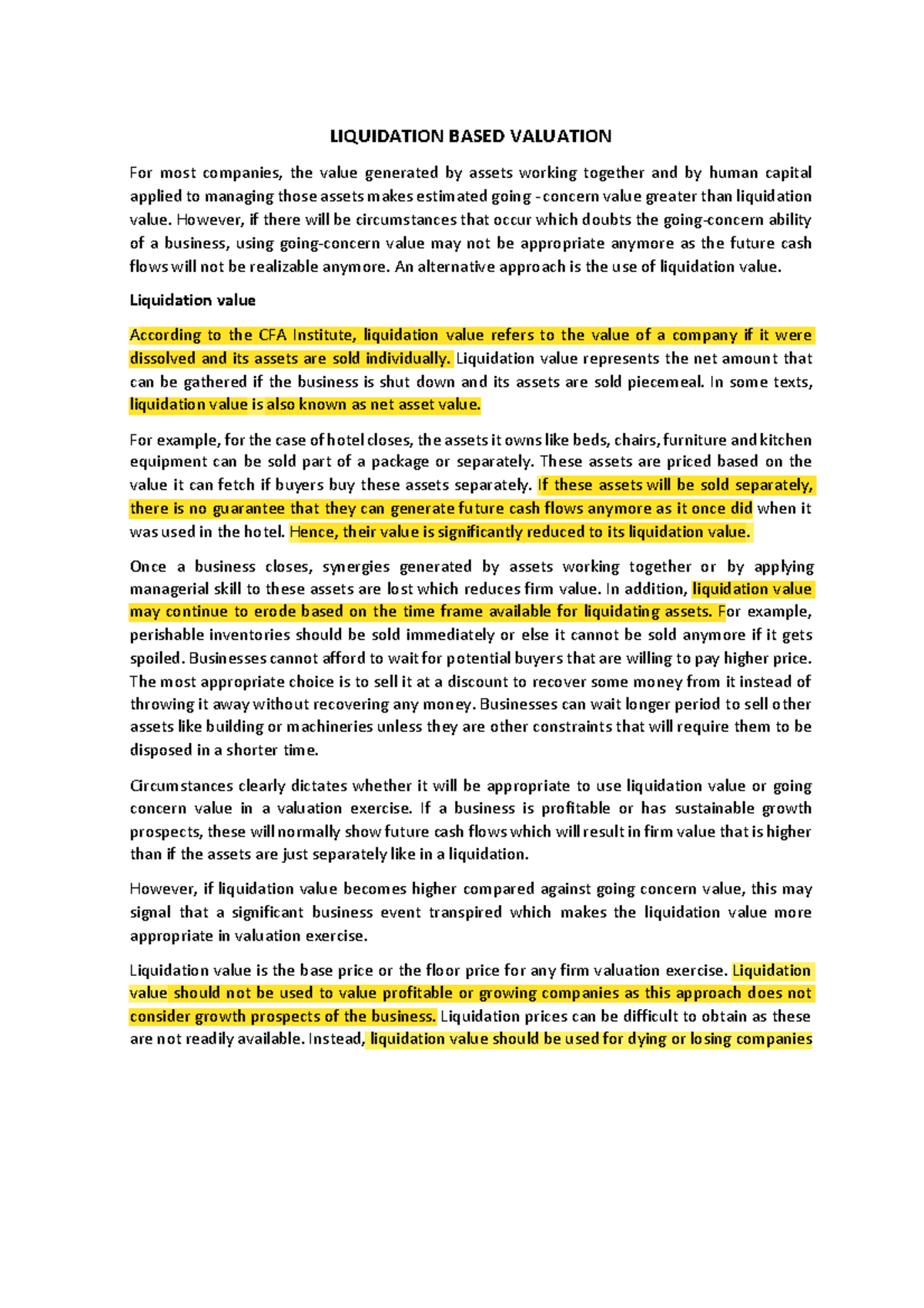 Chapter 3 - LIQUIDATION BASED VALUATION For most companies, the value ...
