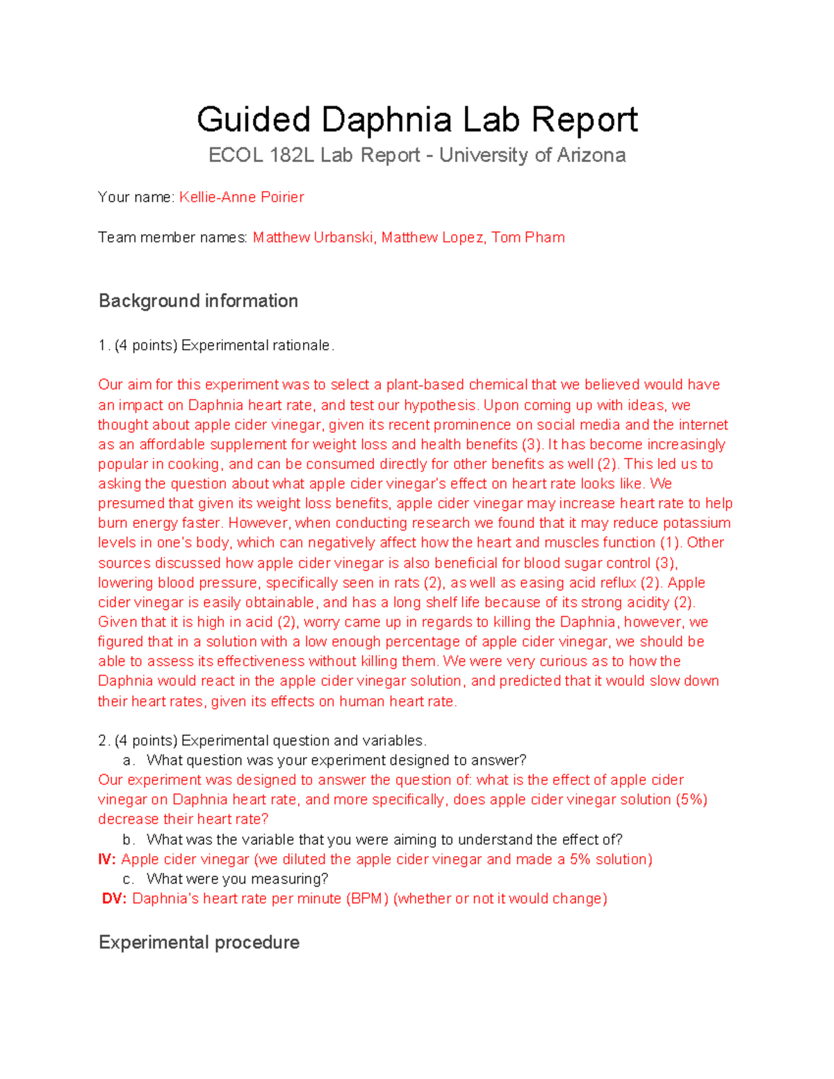 Guided Daphnia Lab Report - Our aim for this experiment was to select a ...