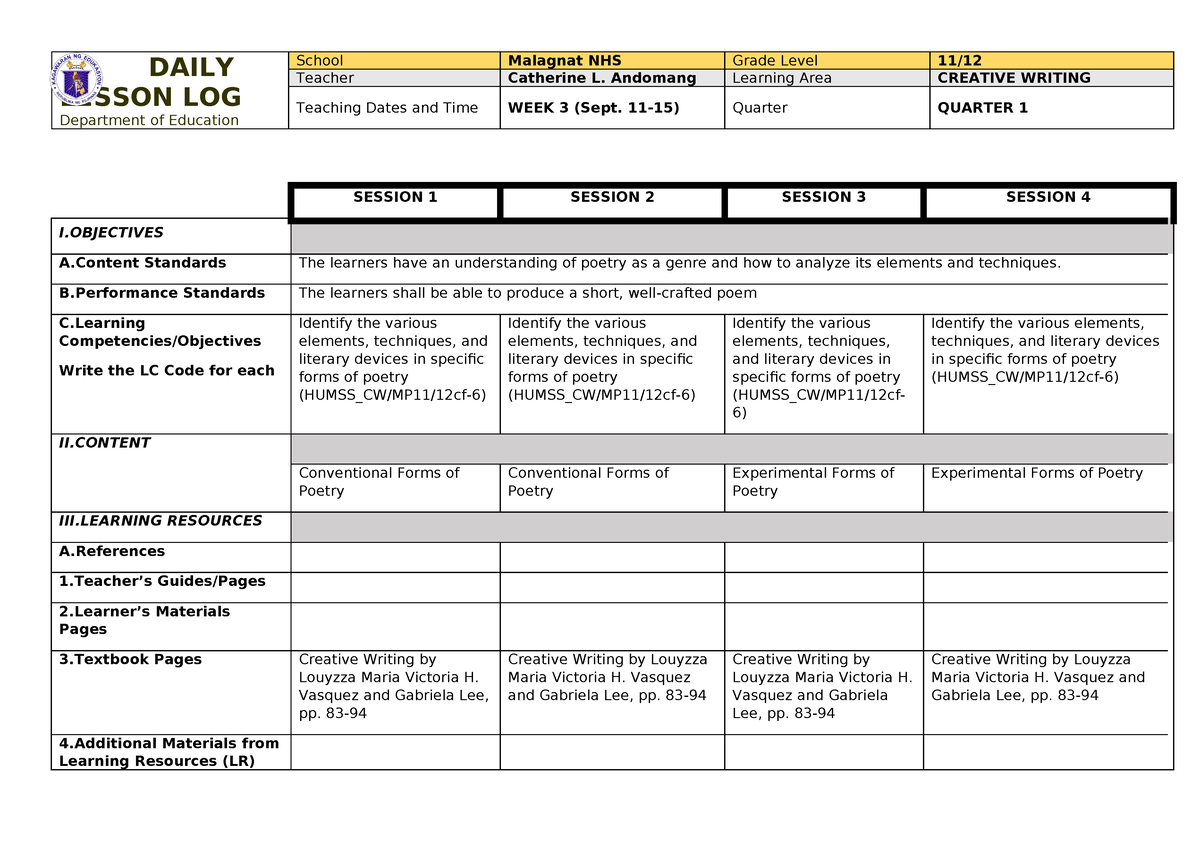 CW Q1 W3 - practice teachers - DAILY LESSON LOG Department of Education ...