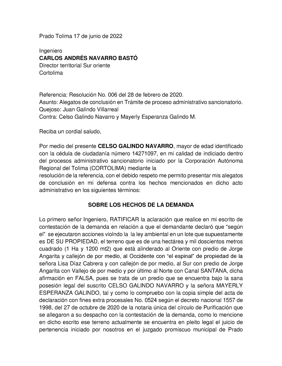 Alegatos de conclusion - Prado Tolima 17 de junio de 2022 Ingeniero CARLOS  ANDRÉS NAVARRO BASTÓ - Studocu