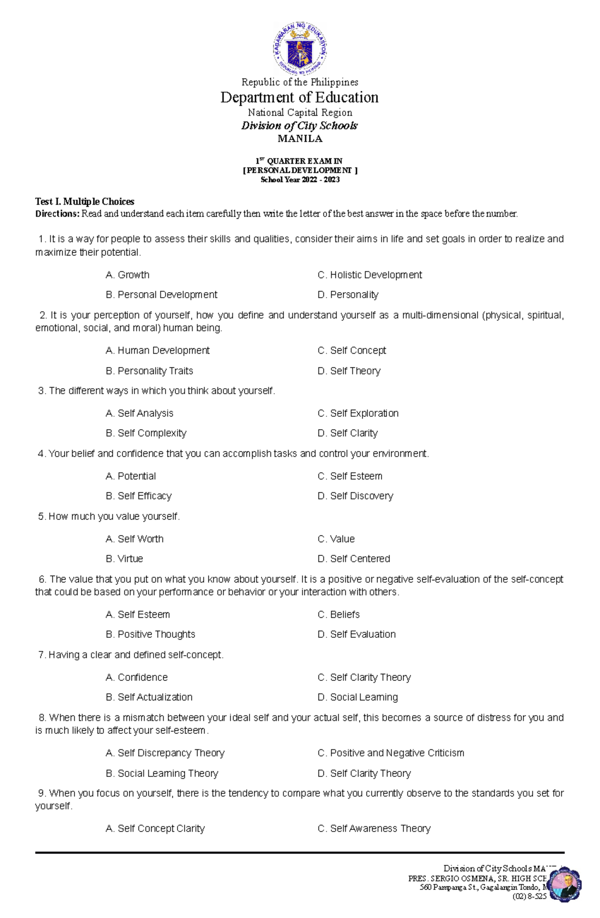 Perdev 1st Quarterly exam 2023 - Department of Education National ...