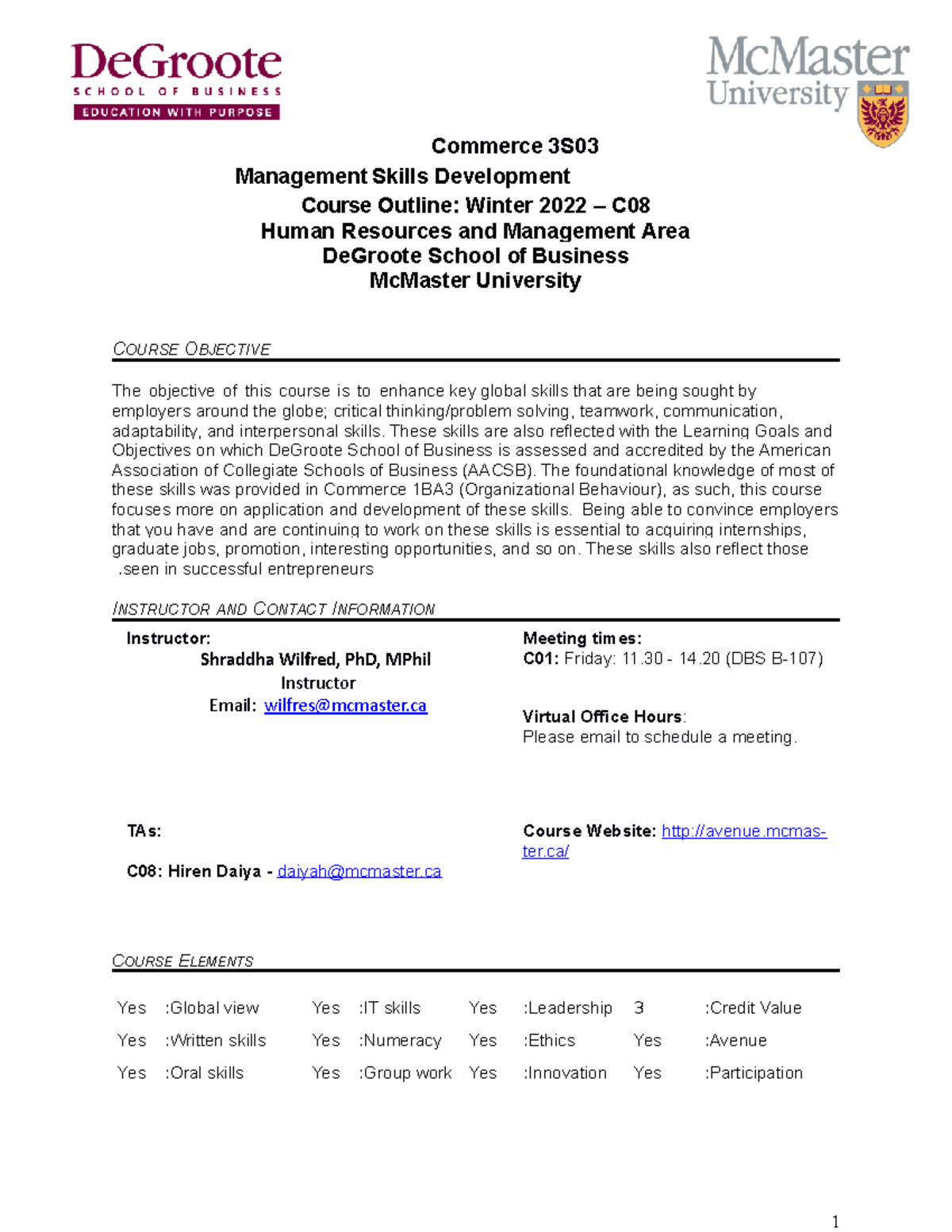 3SO3 Course outline W2022 - Commerce 3S Management Skills Development ...