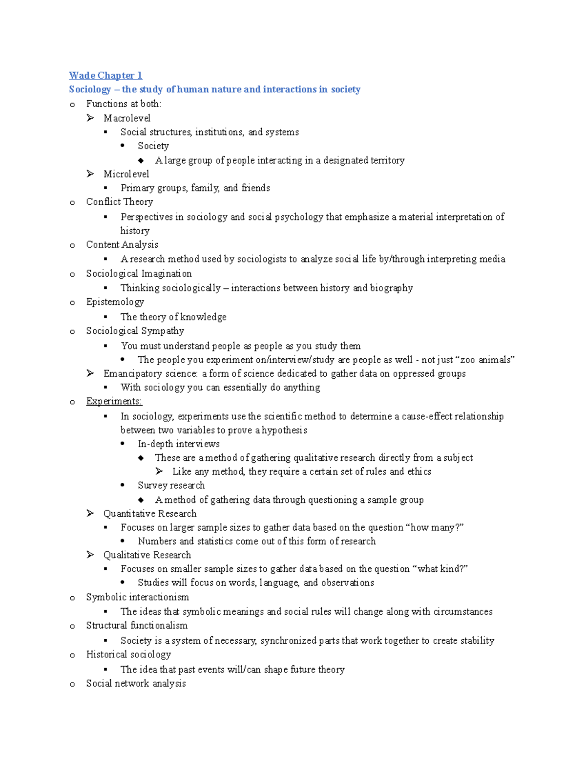 SOC1000 Midterm Exam Study Guide *COMPLETED* - Wade Chapter 1 Sociology ...