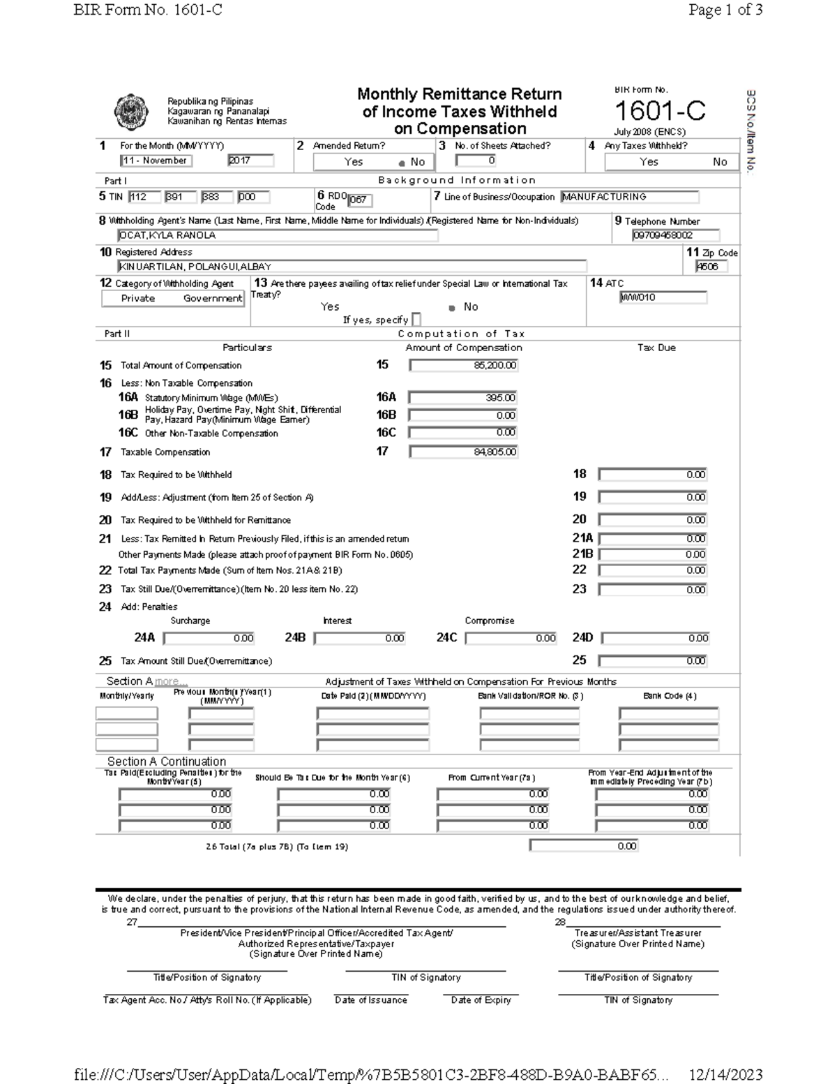 BIR 1601-C - it is about finance - Republika ng Pilipinas Kagawaran ng ...
