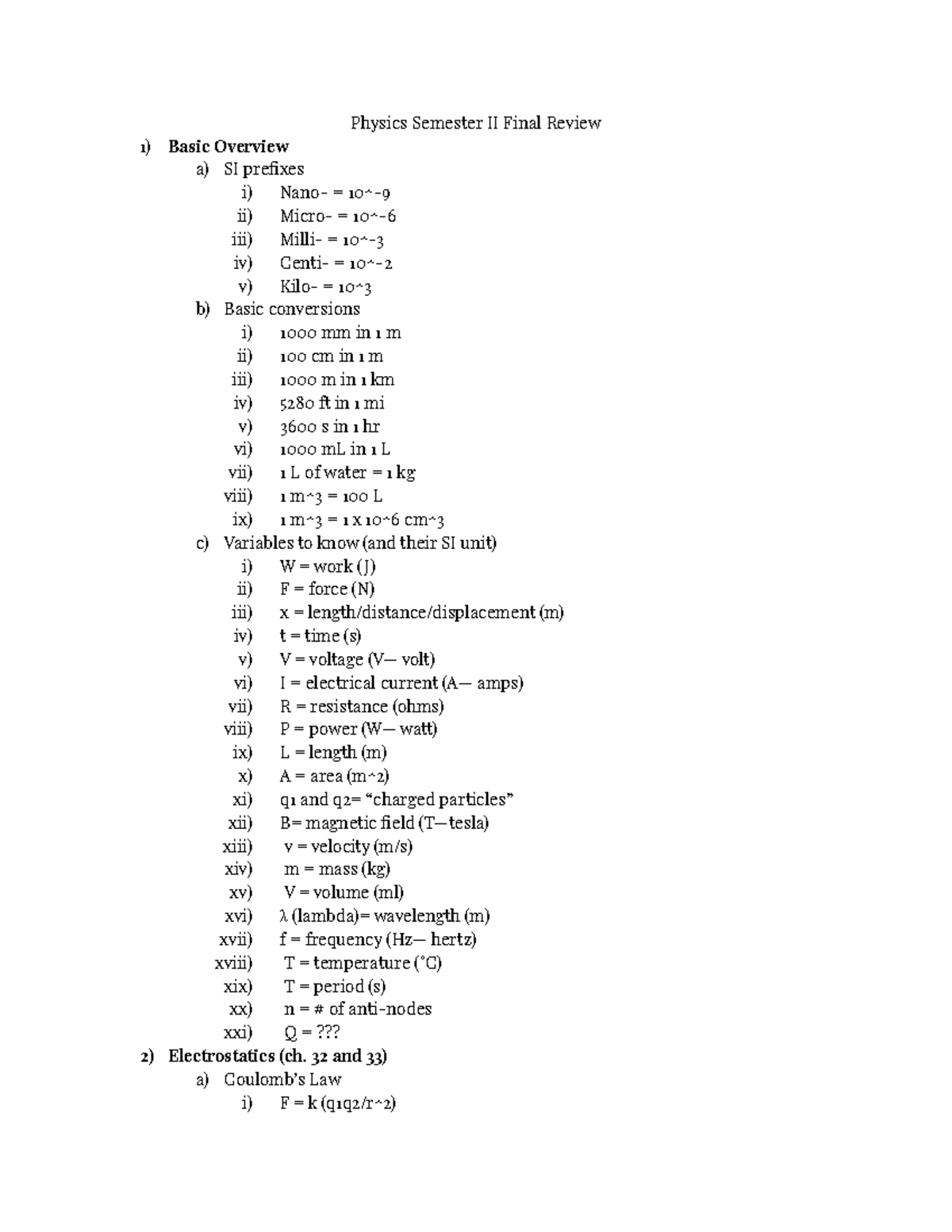 Physics 1B Semester Review - Physics Semester II Final Review Basic ...