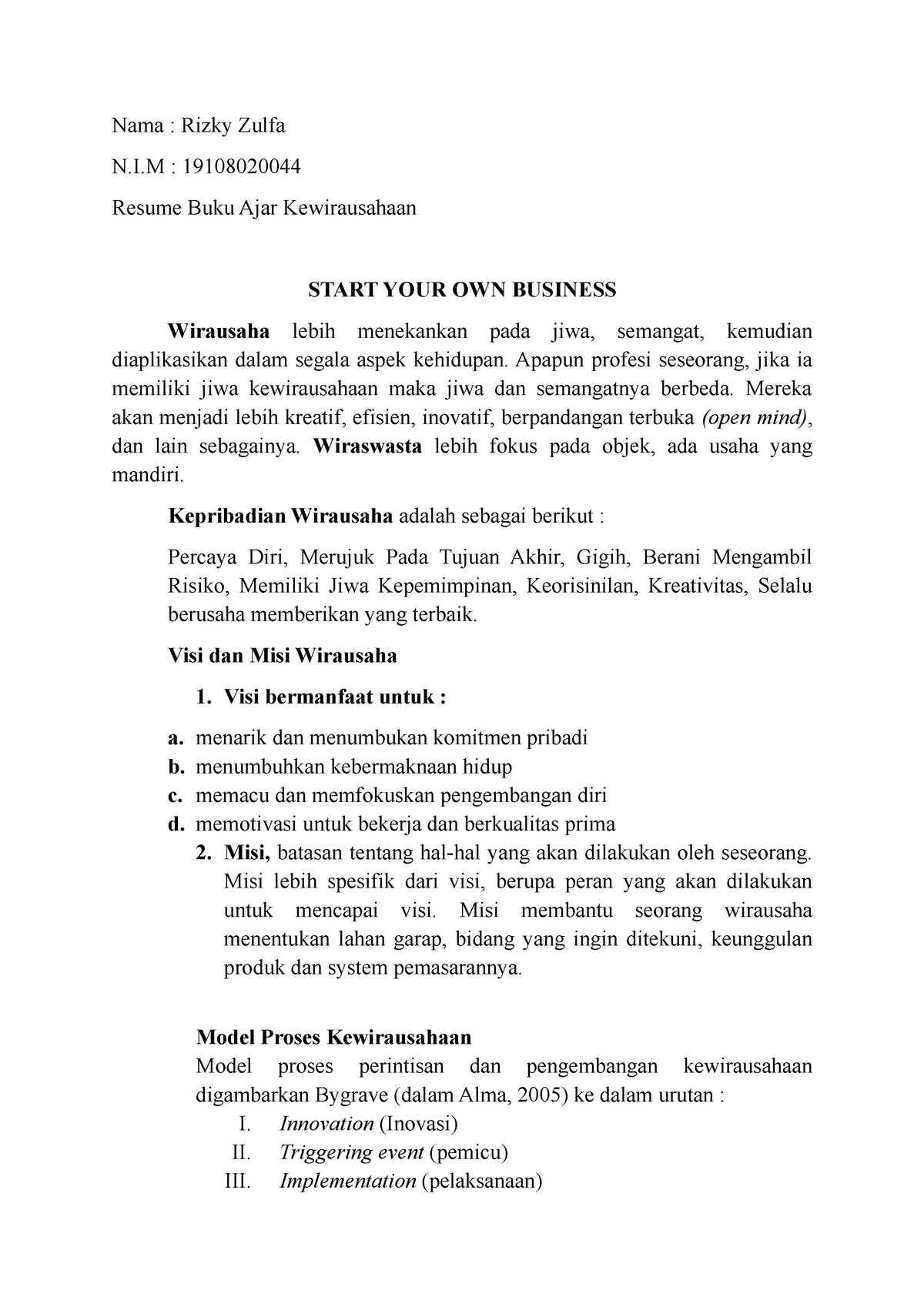 Resume Buku Ajar Kewirausahaan - Nama : Rizky Zulfa N.I : 19108020044 ...