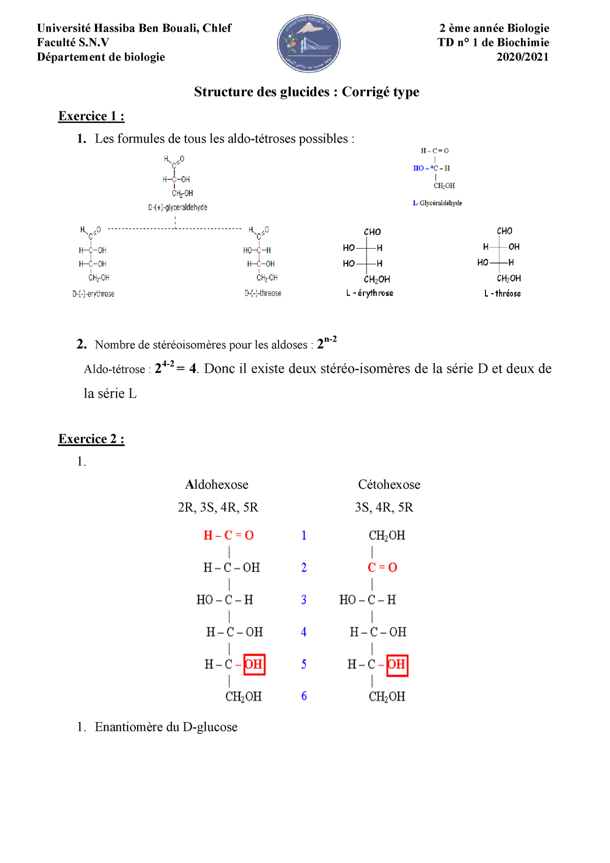 TD-L2-Biochimie - Travaux Dirigés De Biochimie - Structure Des Glucides ...