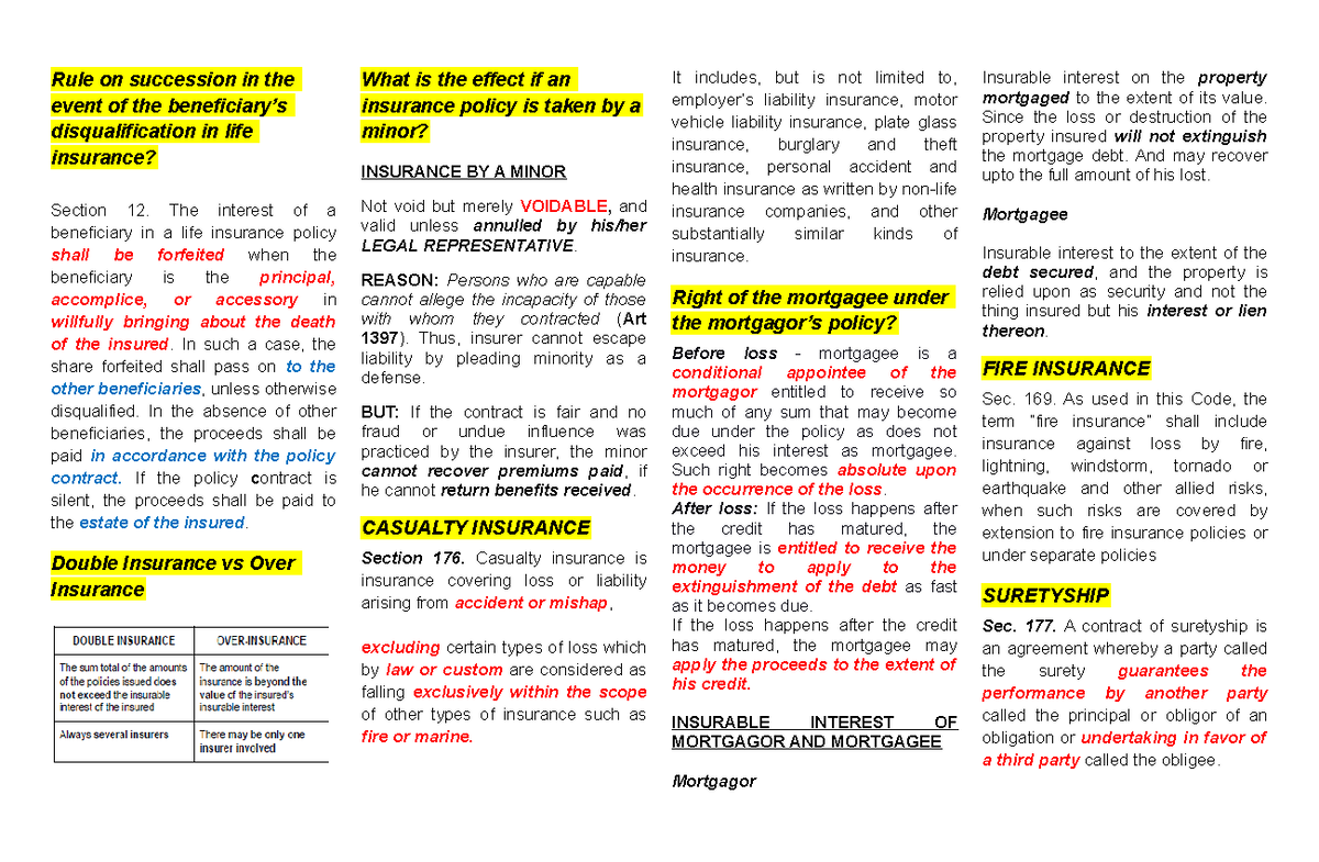 Insurance Law Continuing- Recitation Summary - Rule on succession in ...