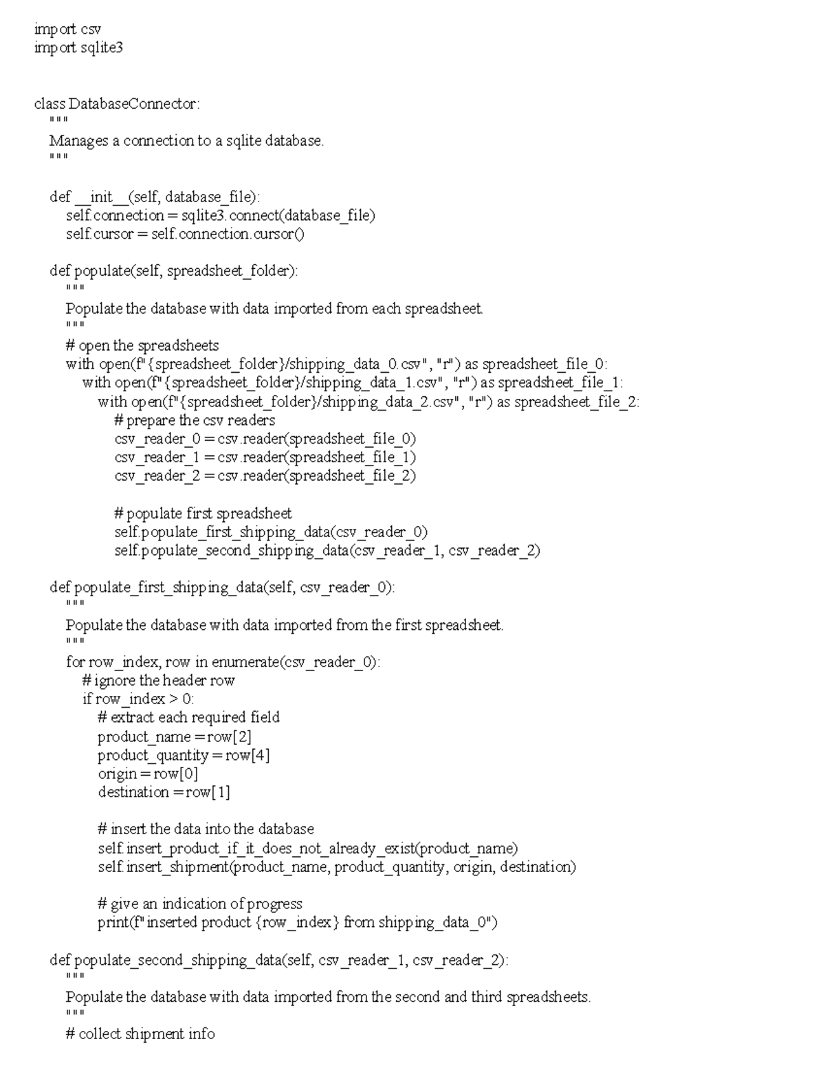Task4 - material - import csv import sqlite class DatabaseConnector ...