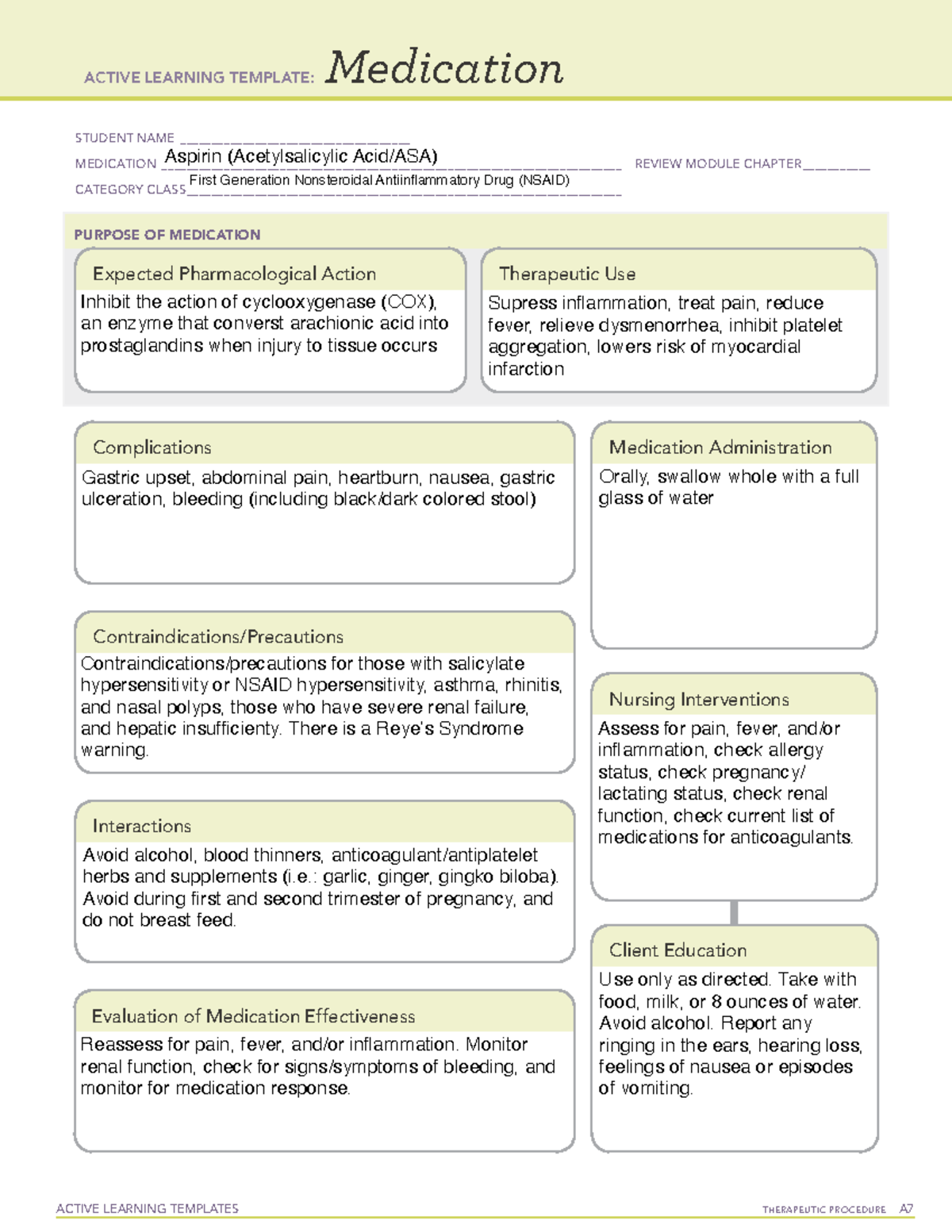 Aspirin med sheet ACTIVE LEARNING TEMPLATES THERAPEUTIC PROCEDURE A