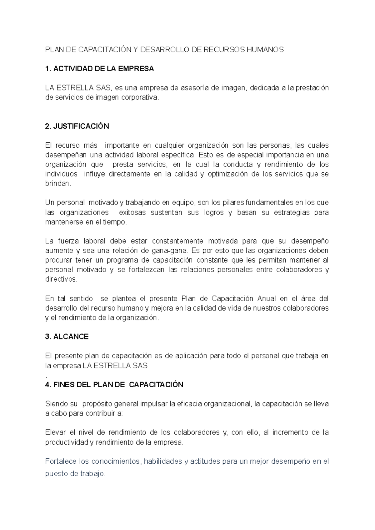 PLAN DE Capacitación Y Desarrollo DE Recursos Humanos - PLAN DE ...