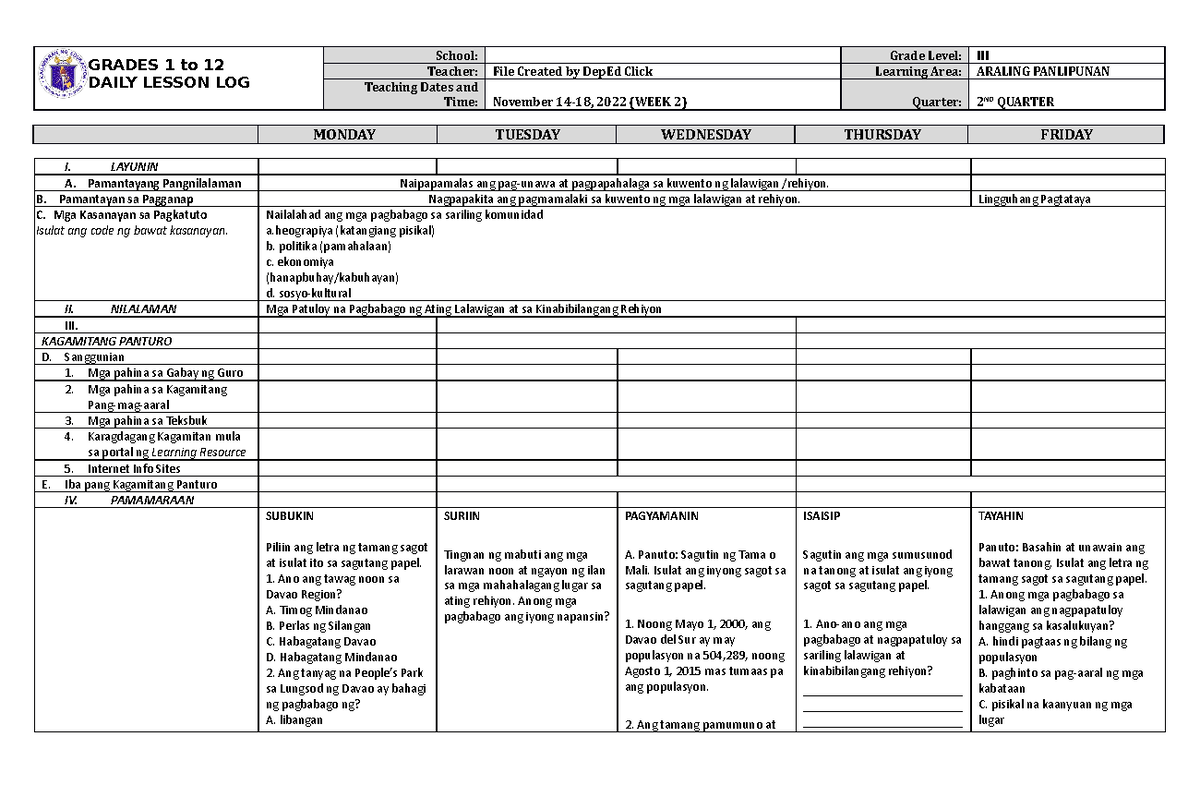 DLL Araling Panlipunan 3 Q2 W2 - GRADES 1 to 12 DAILY LESSON LOG School ...