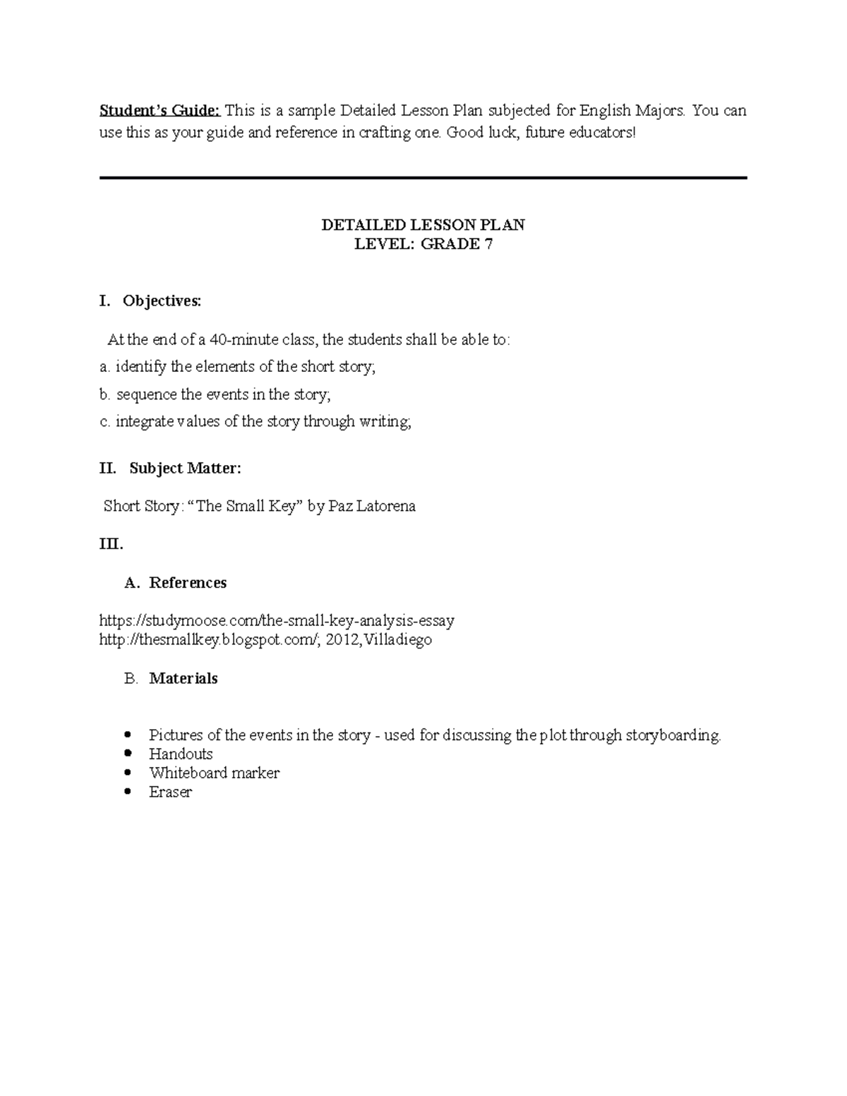Sample Detailed Lesson PLAN - Student’s Guide: This is a sample ...