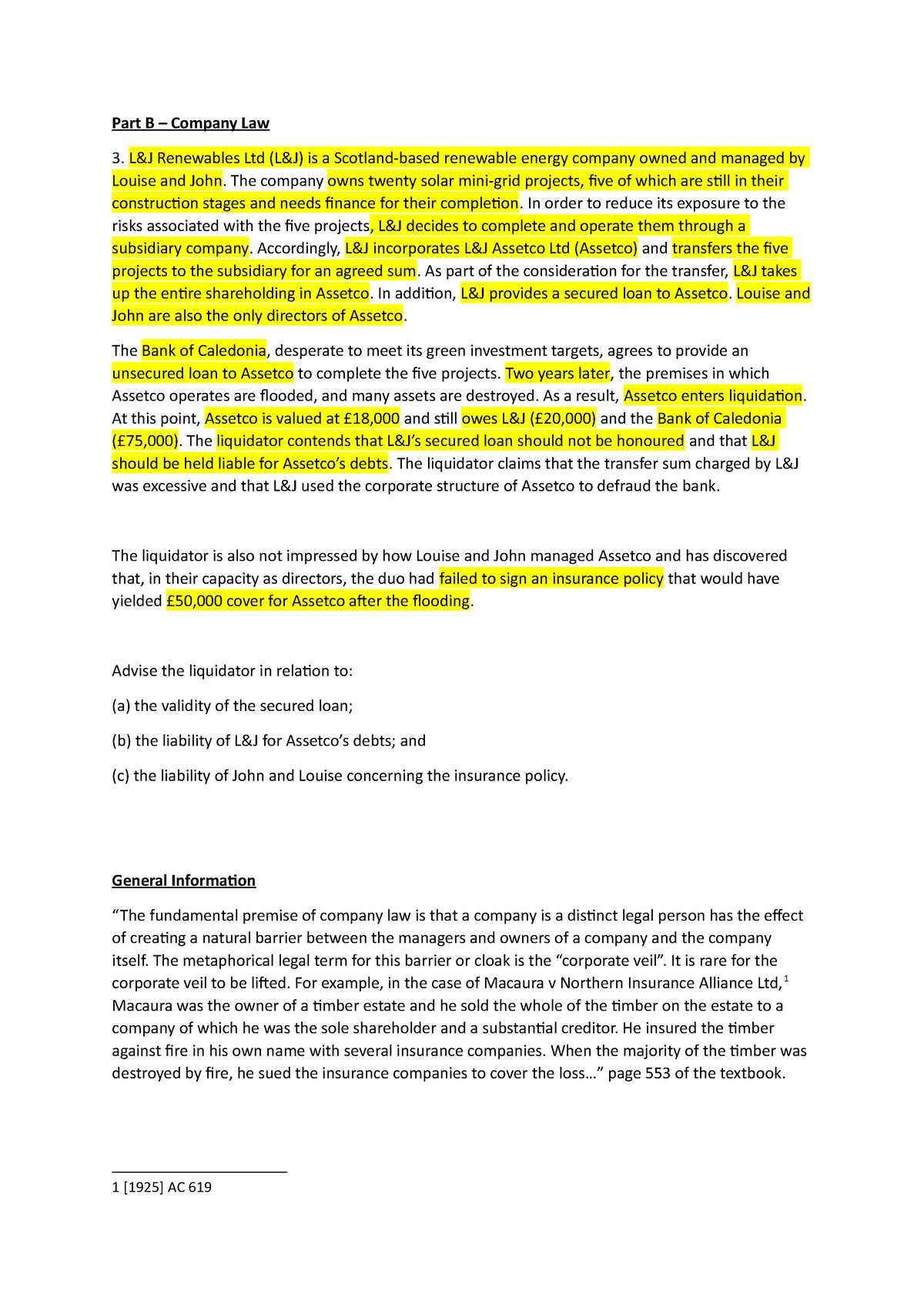 Commercial Exam Part B Q3 - Part B – Company Law L&J Renewables Ltd (L ...