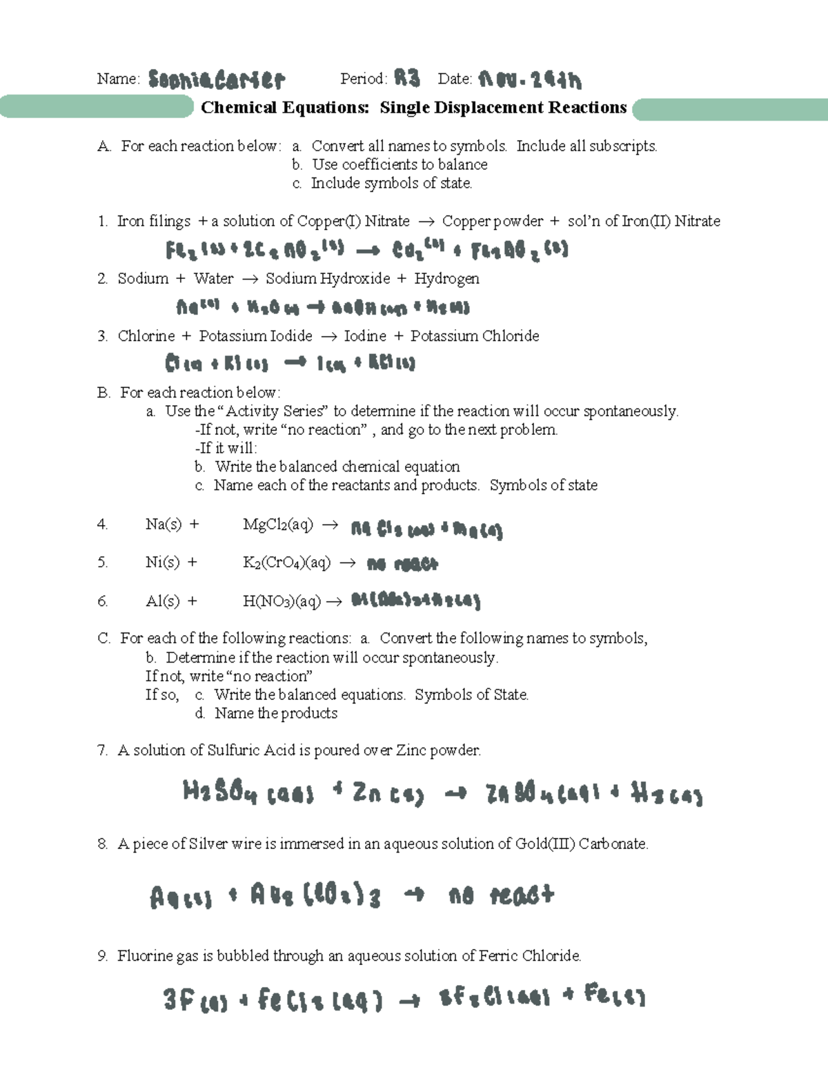 Single displacement reactions worksheet - Name: Period: Date: Chemical ...