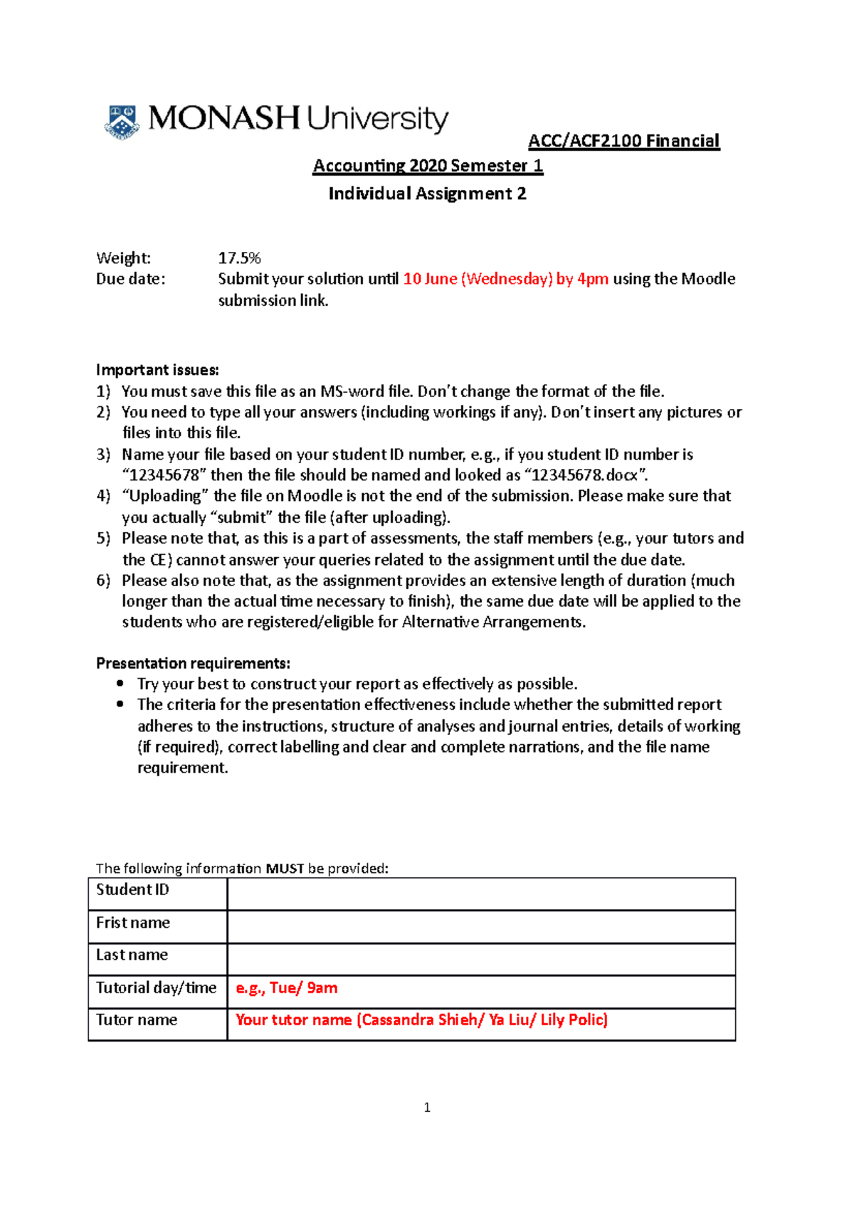 ACC-ACF2100 Assignment 2 2020 - ACC/ACF2100 Financial Accounting 2020 ...