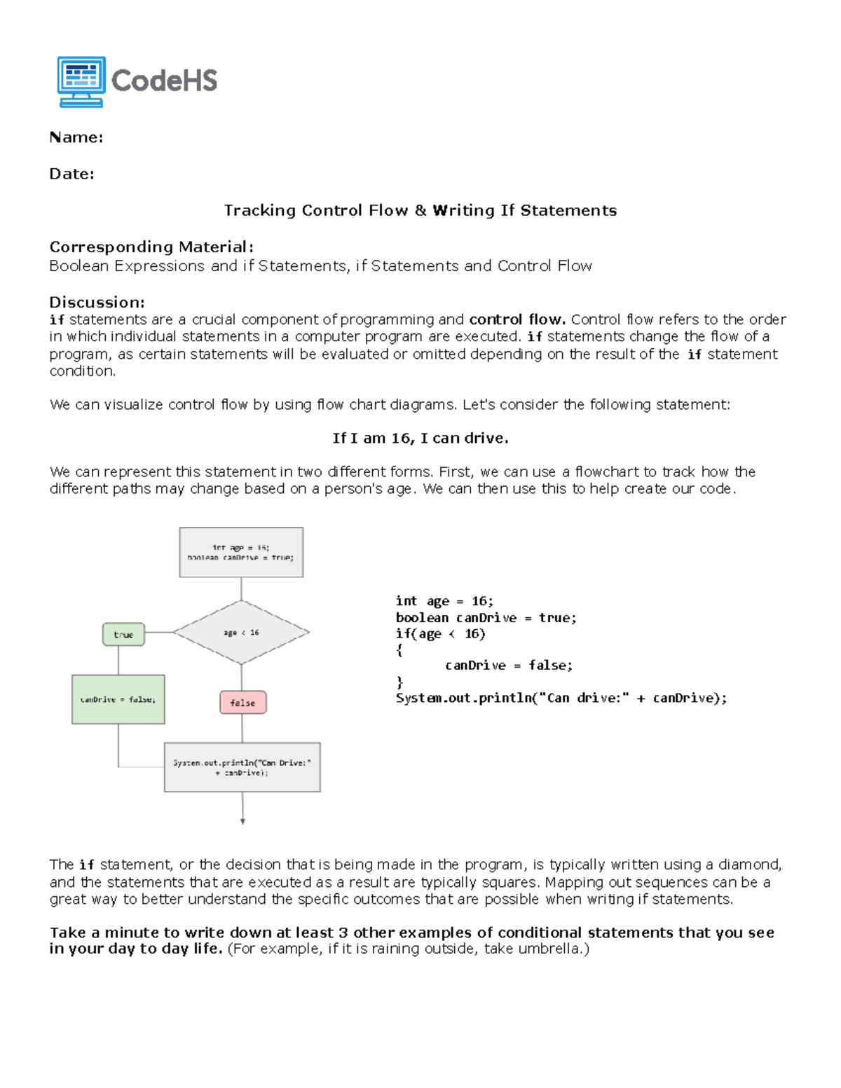 [AP CS A Tracking Control Flow - Name: Date: Tracking Control Flow ...