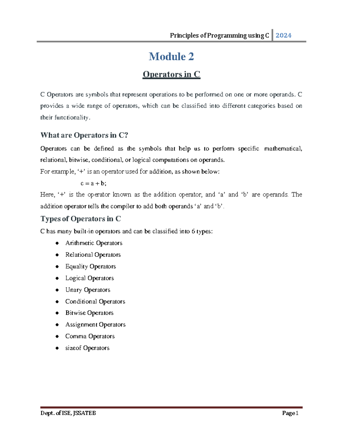 CM2 - C language notes - Module 2 Operators in C C Operators are ...
