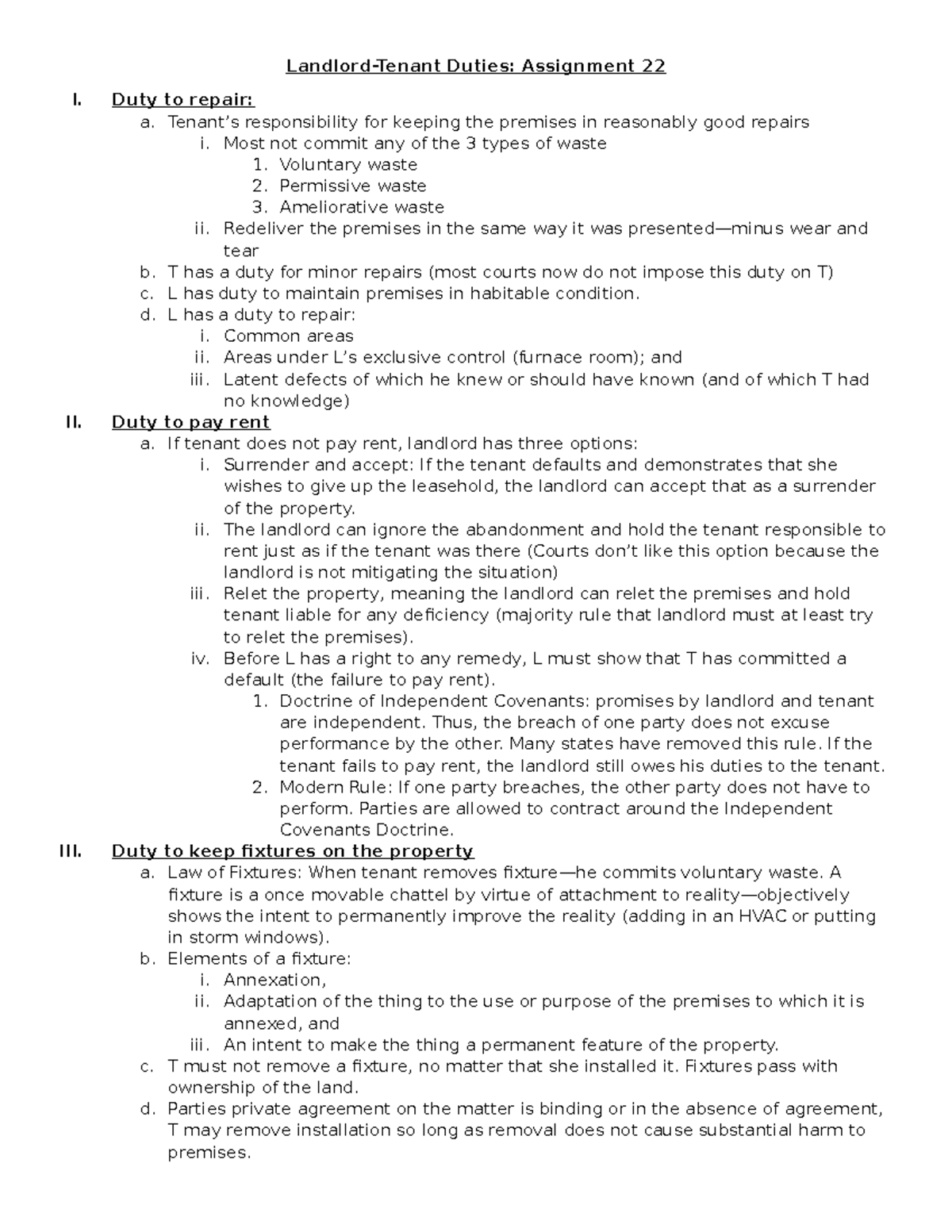 Property Notes - Landlord-Tenant Duties: Assignment 22 I. Duty to ...