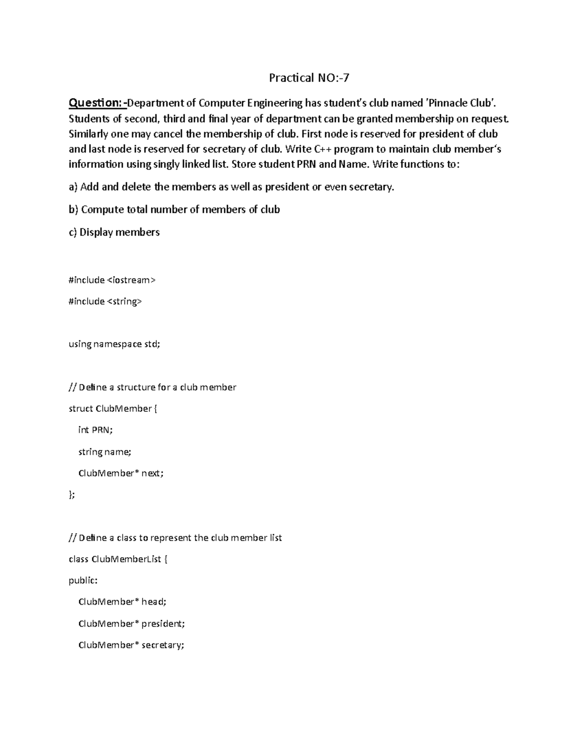 Practical NO 7 Practical NO 7 QuestionDepartment of Computer