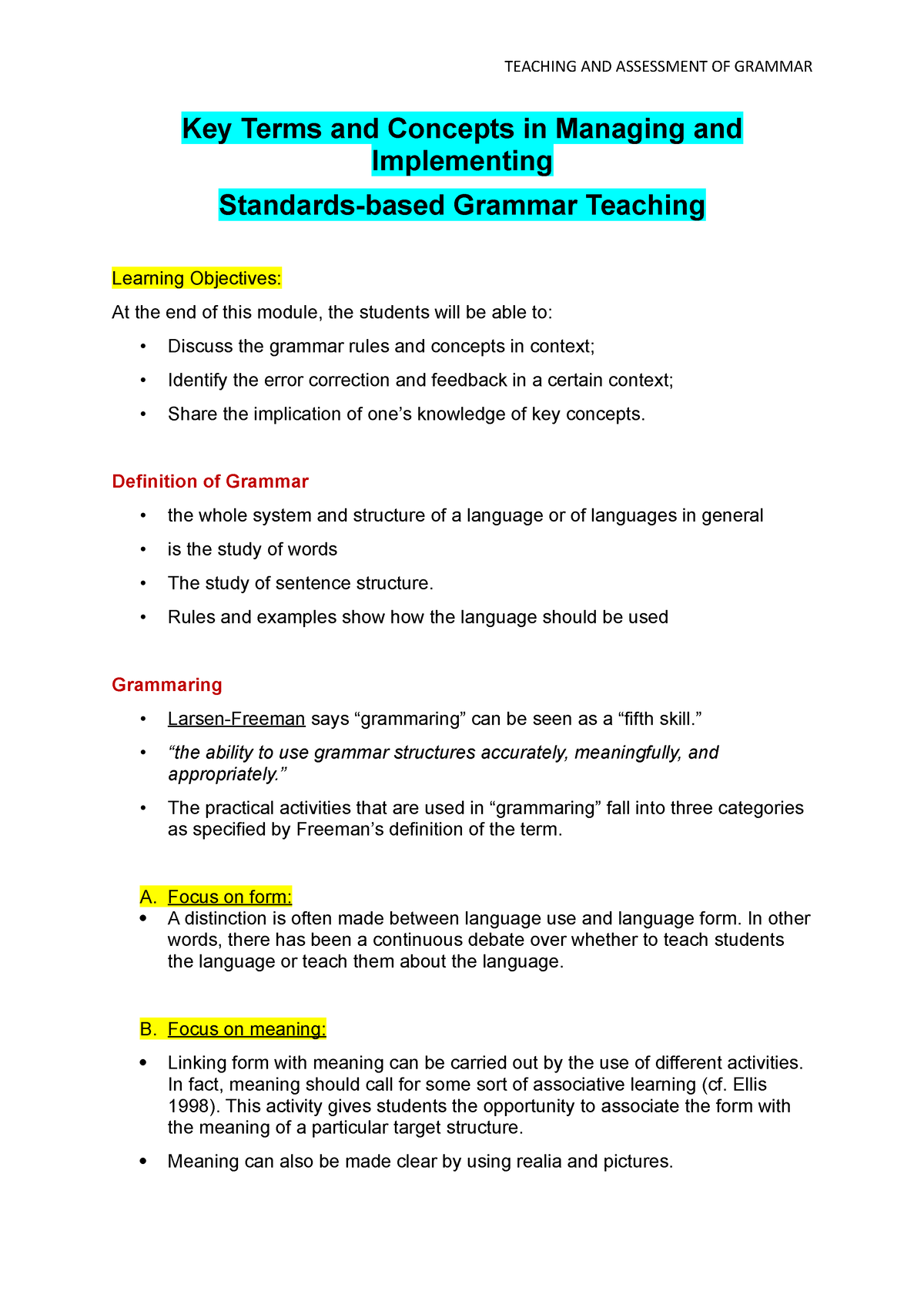 Teaching And Assessment Of Grammar Key Terms And Concepts In Managing 