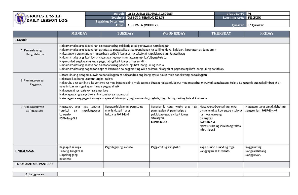 DLL Filipino 6 Q1 W2 - none - GRADES 1 to 12 DAILY LESSON LOG School ...