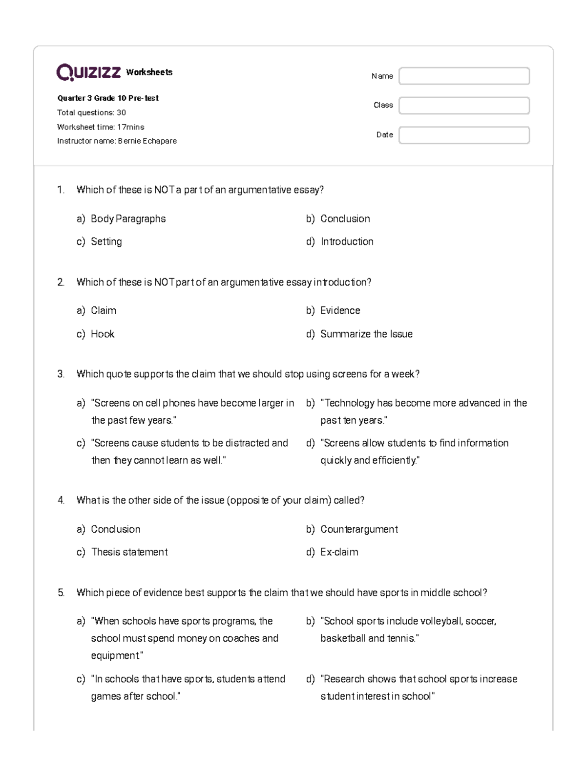 Quarter-3-Grade-10-Pre-test-Quizizz - Worksheets Quarter 3 Grade 10 Pre ...